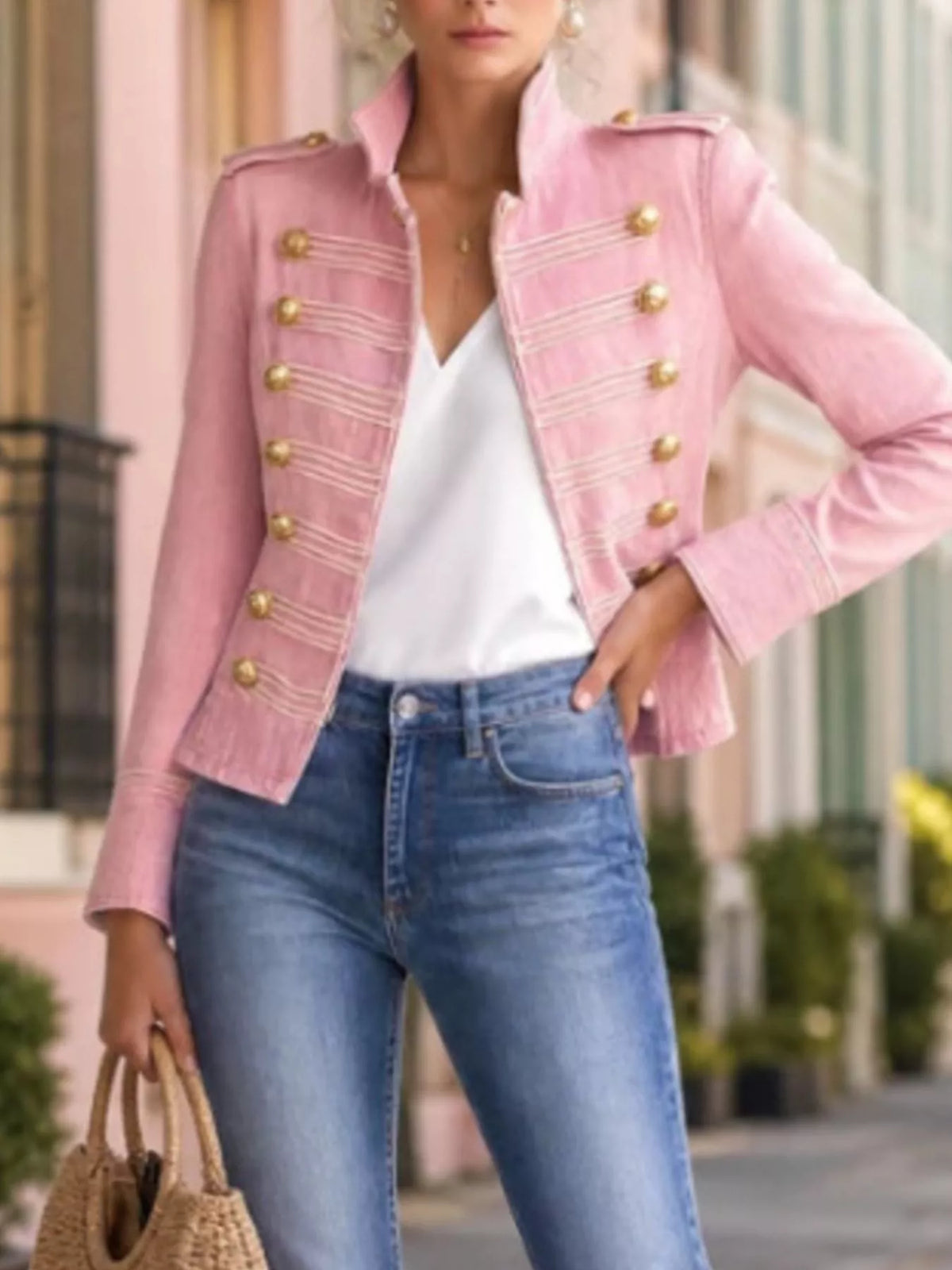 Military Denim Jacket with Gold Buttons by Belle Bijouix – view 3 of 5