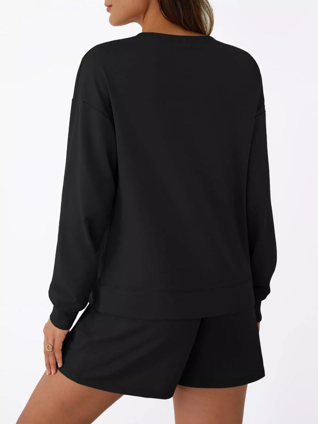 Round Neck Long Sleeve Top and Shorts Set in black, back view
