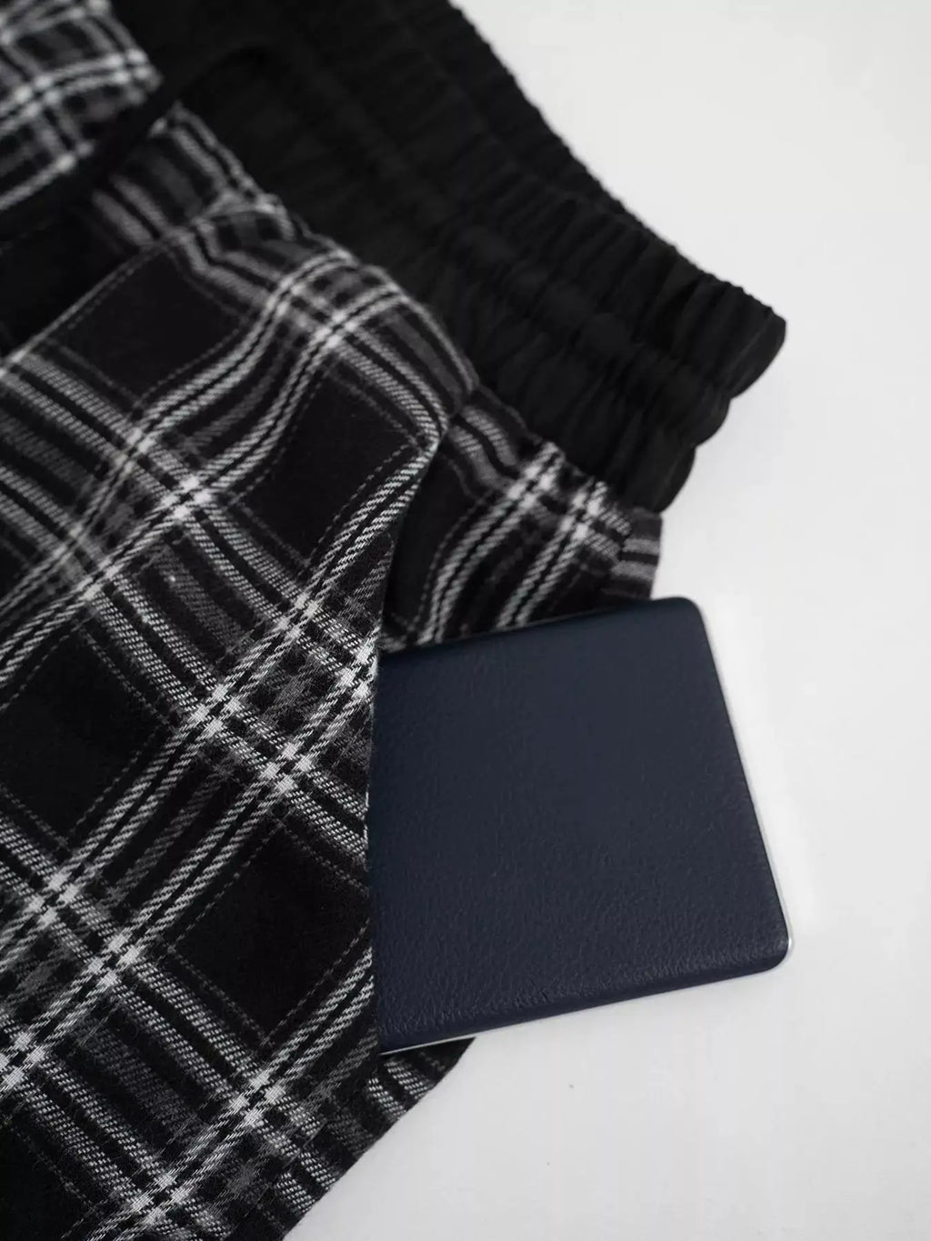 Relaxed Fit Plaid Pants by Belle Bijouix; black-and-white plaid with drawstring waist and pockets