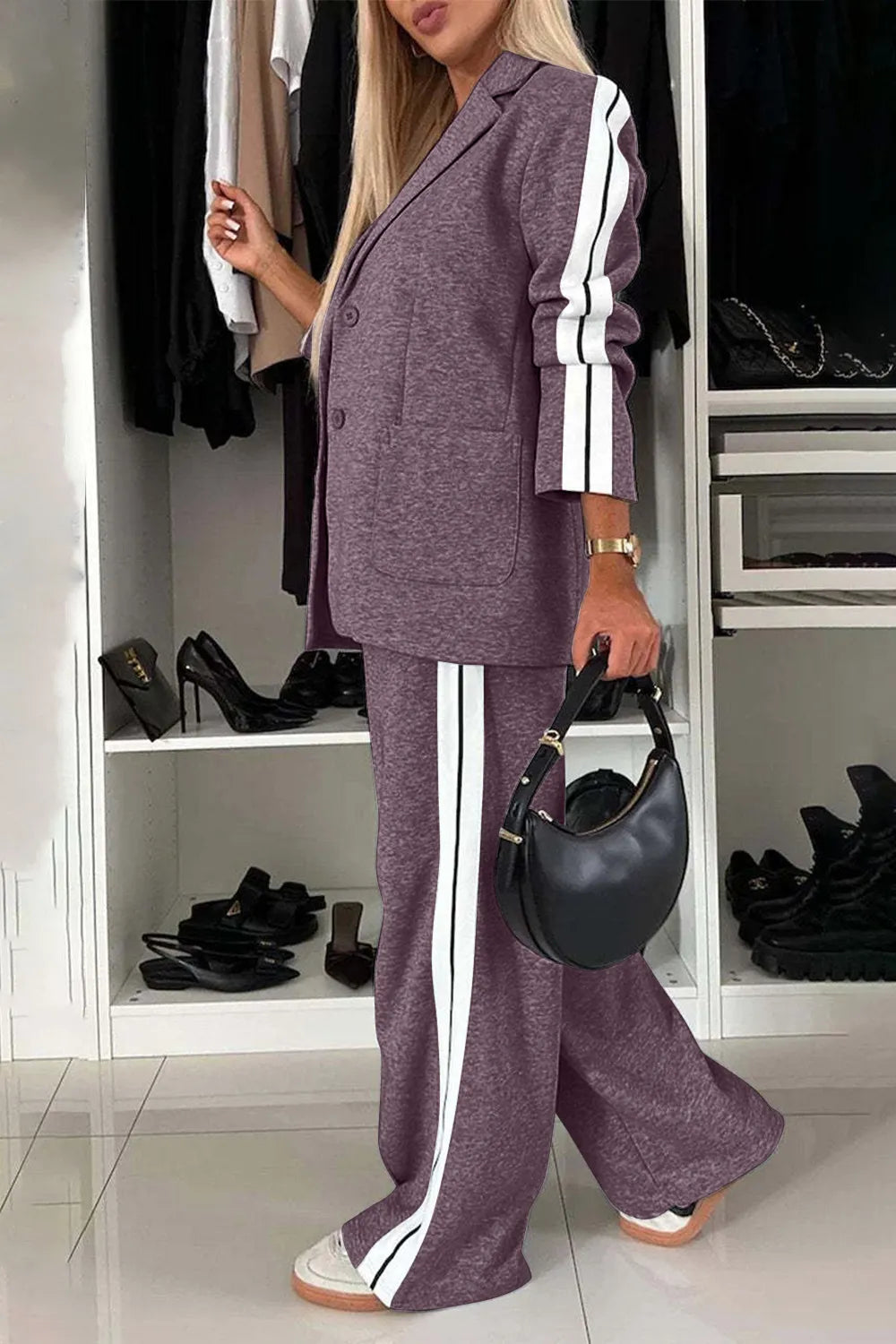 Full Size Contrast Lapel Collar Top and Pants Set by Belle Bijouix in purple with white side stripes, loungewear