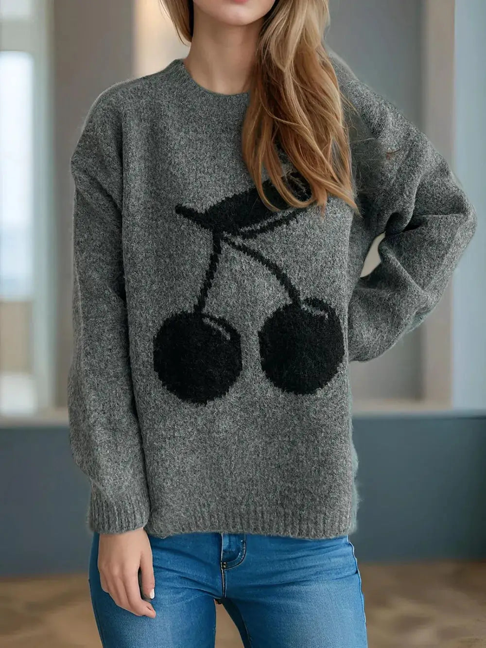 Cherry round-neck long-sleeve sweater, gray knit with black cherry graphic