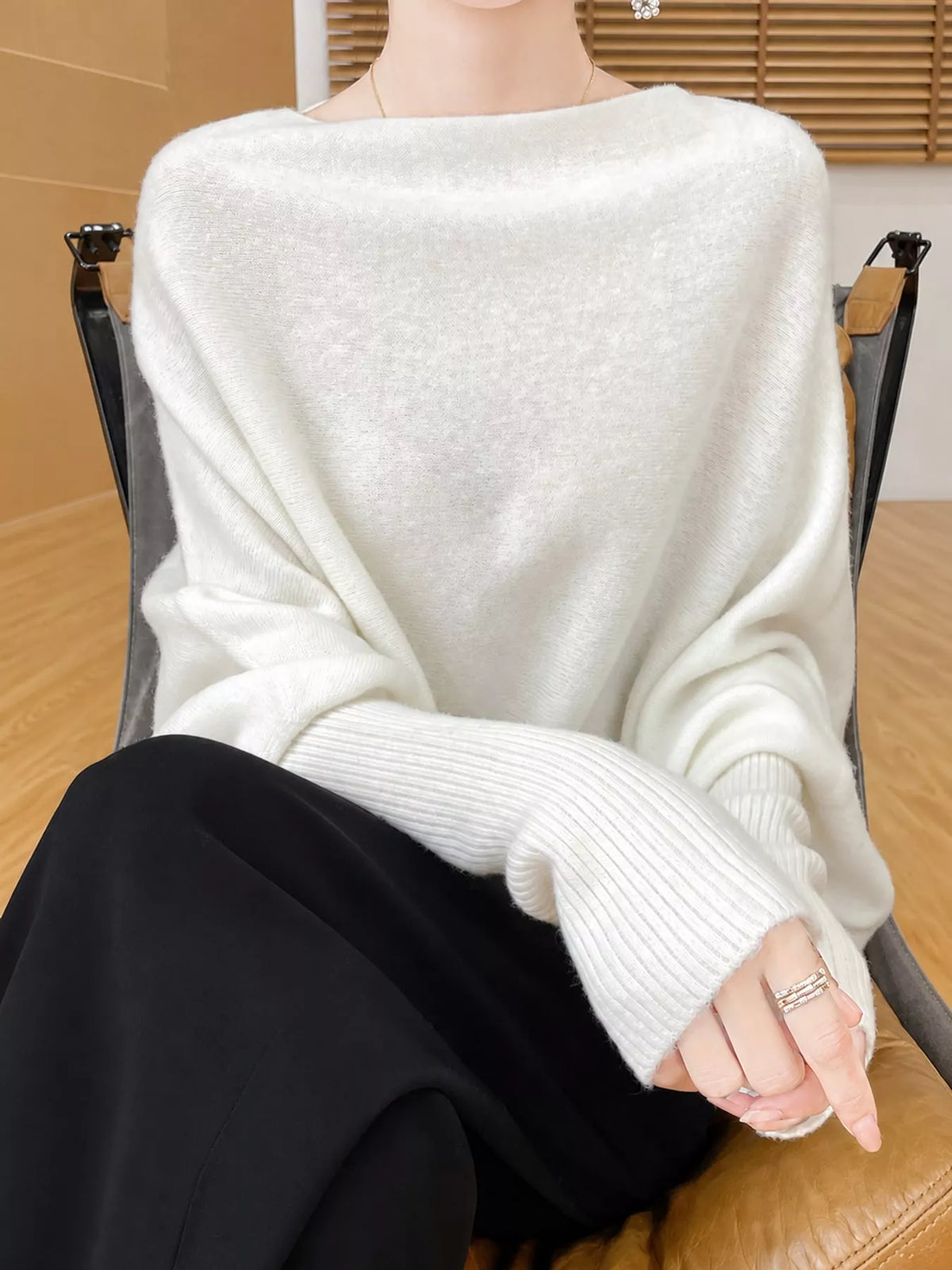 Oversized Asymmetric Wool Batwing Sweater in White by Belle Bijouix – view 5 of 24