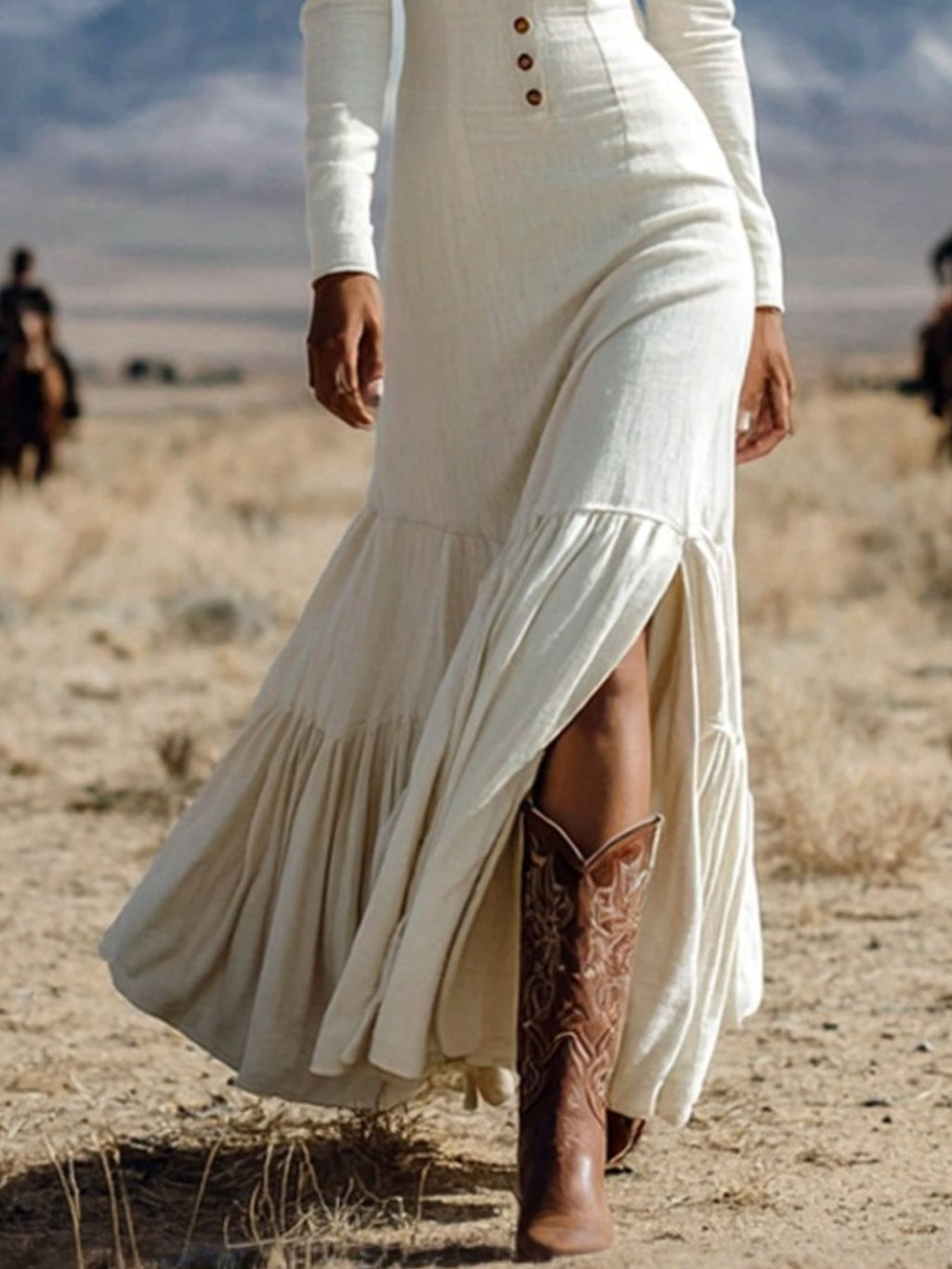 Slit long sleeve tiered maxi dress by Trendsi in ivory.