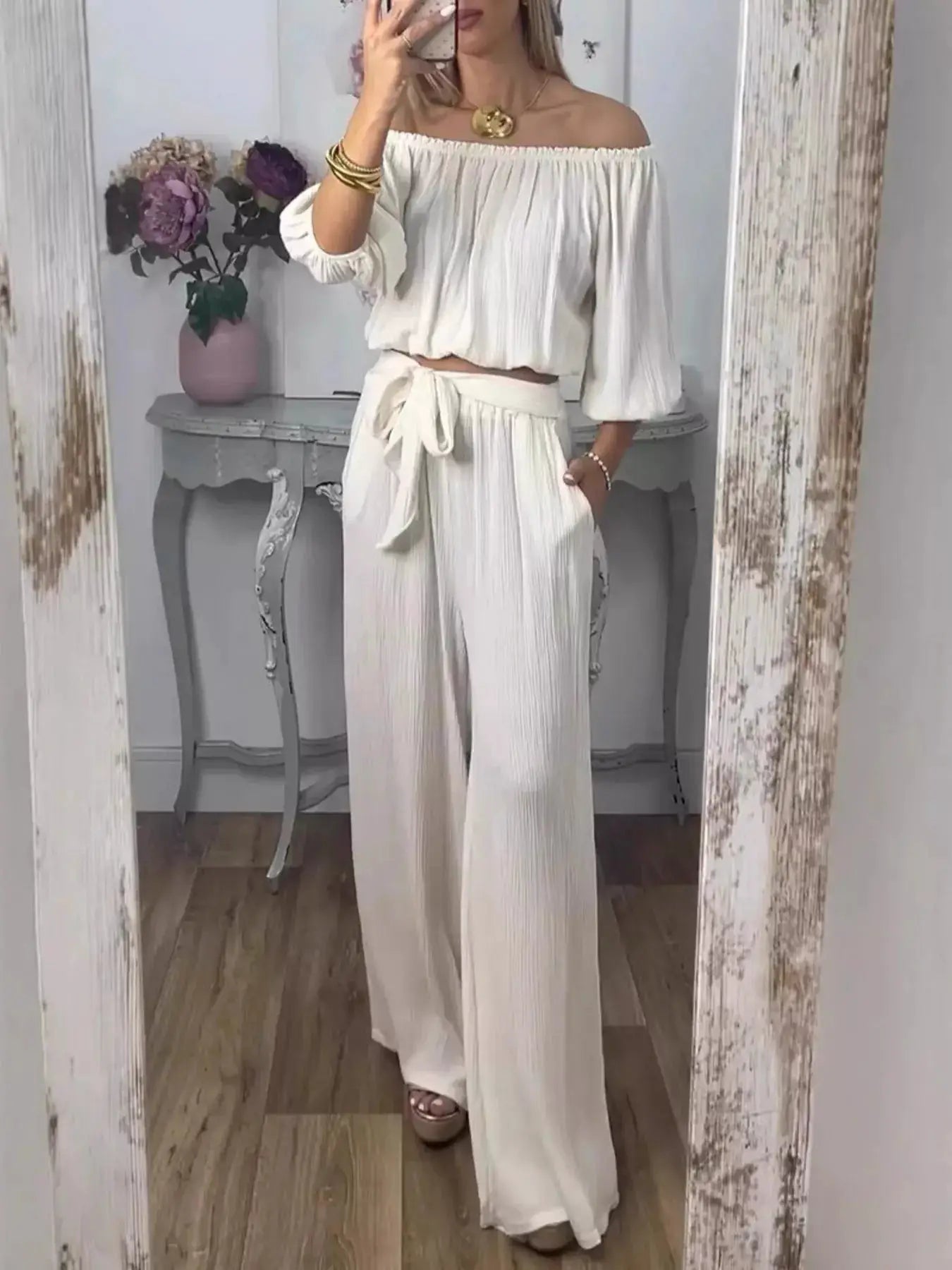Full Size Off-Shoulder Top and Pants Set by Belle Bijouix in ivory; smocked top with elastic neckline and tie waist pants
