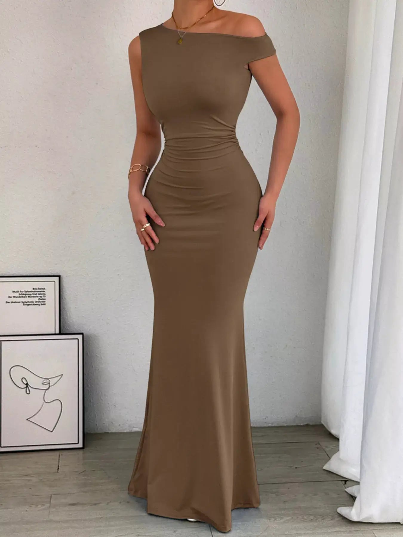 One-Shoulder Ruched Bodycon Maxi Dress by Belle Bijouix in taupe with slit