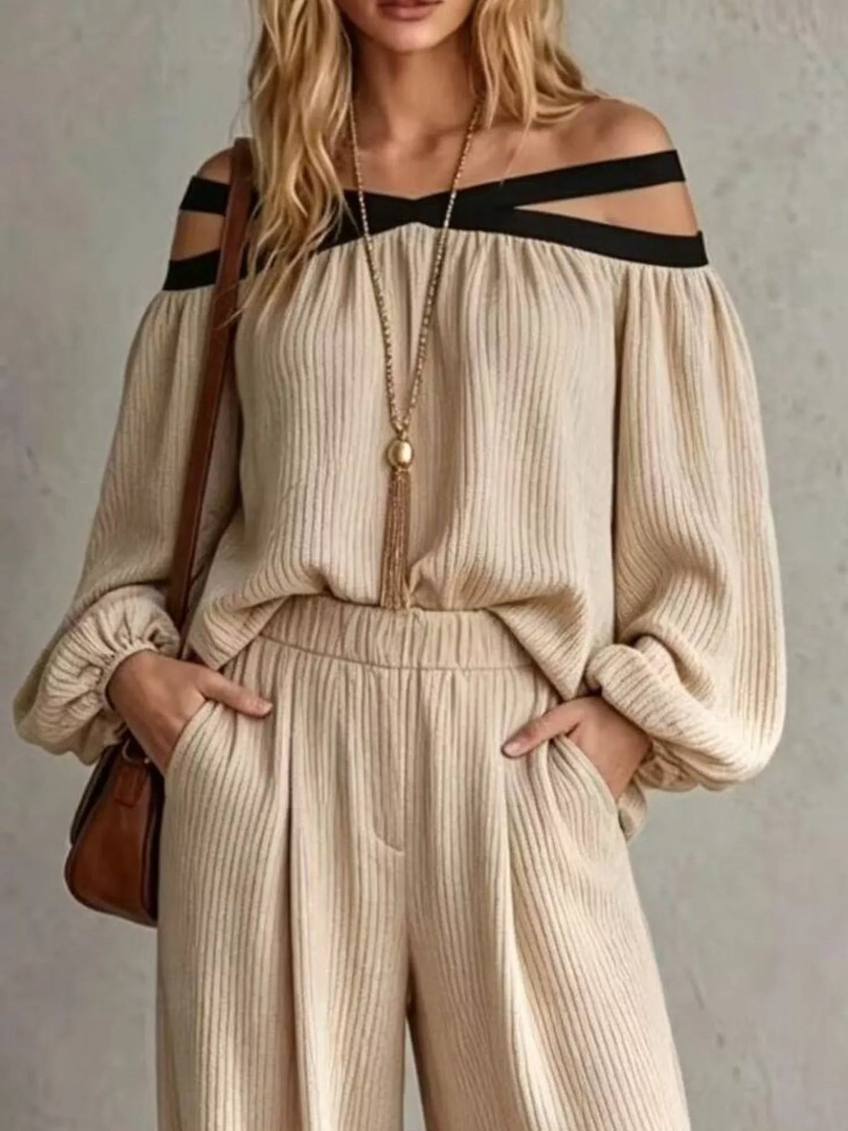 Off-Shoulder Crisscross Top & Wide-Leg Pants Set by Belle Bijouix – view 2 of 12