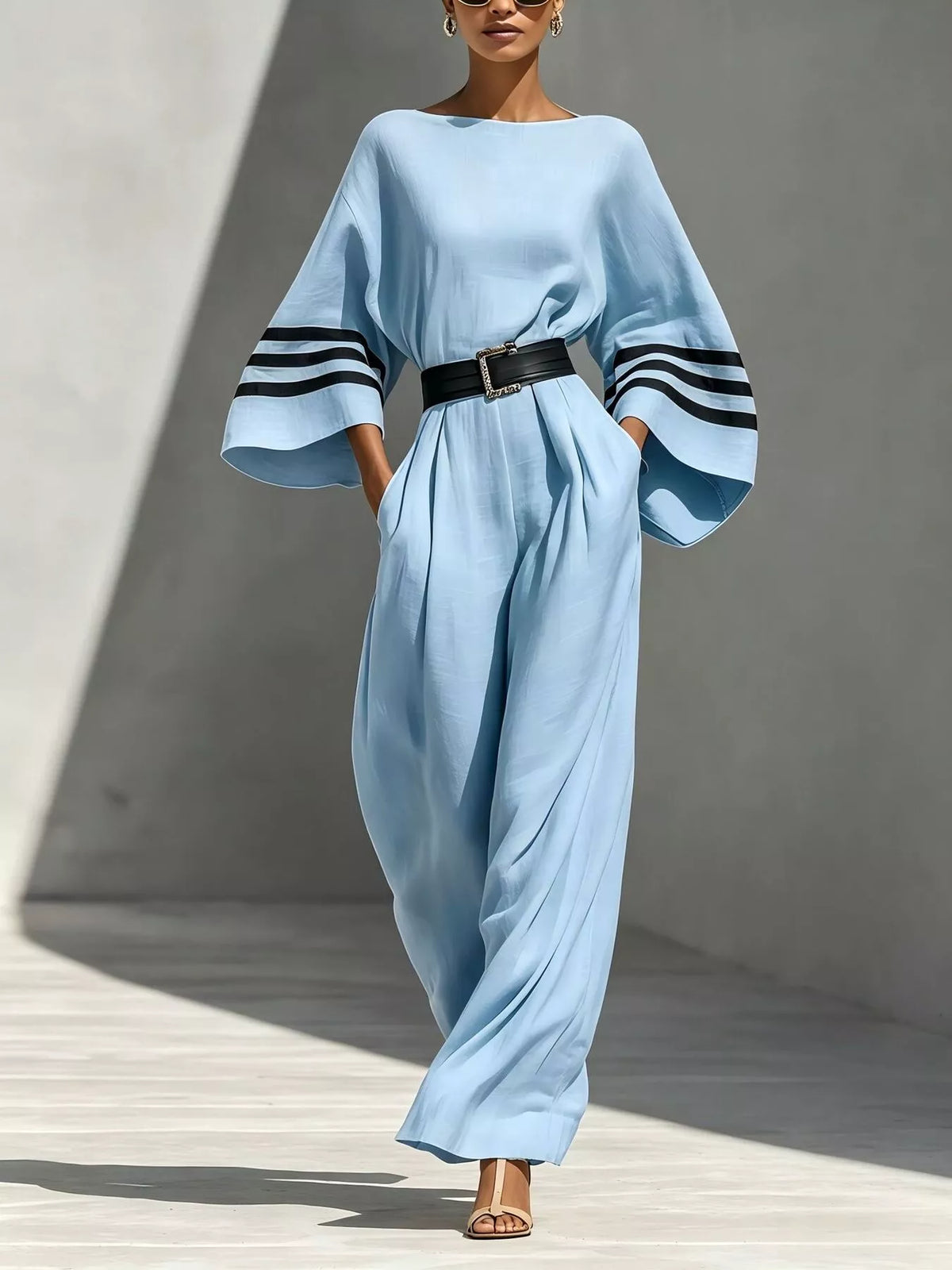 Striped Wide-Sleeve Belted Jumpsuit in Light Blue by Belle Bijouix – view 4 of 6
