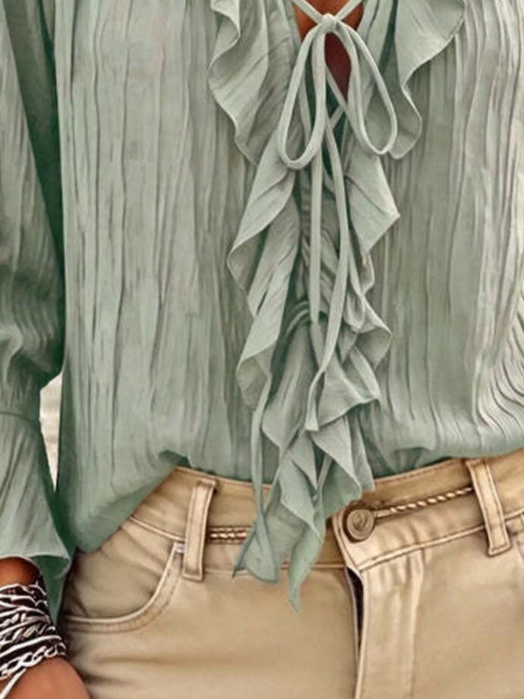 Ruffled Tie Neck Long Sleeve Blouse