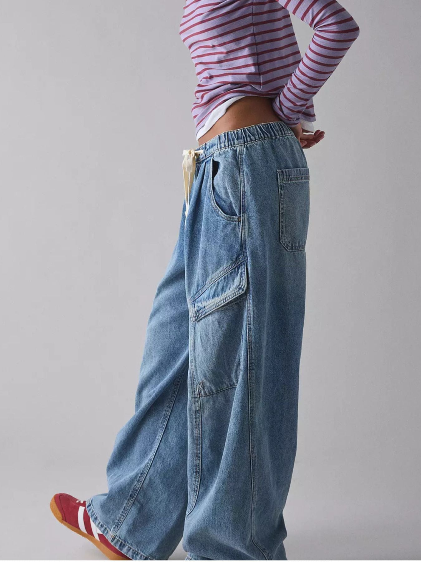 Drawstring Waist Cargo Jeans in light blue denim with cargo pockets
