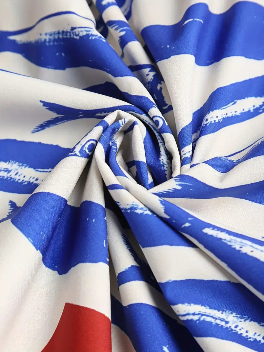 Sardine Print Spaghetti Strap Midi Dress fabric close-up in blue and white with red accents