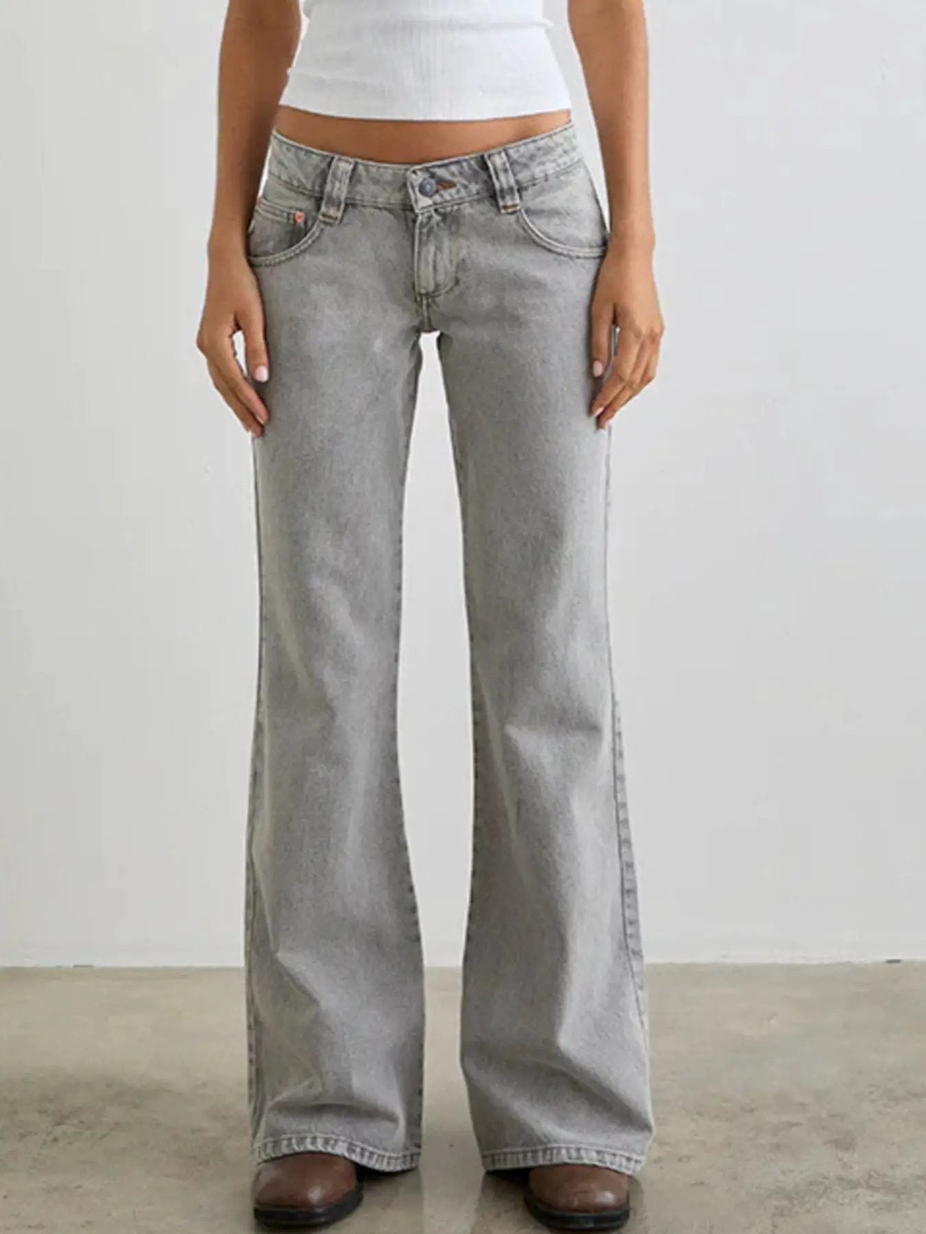 Low Rise Flare Leg Jeans in light gray denim with front pockets and button closure