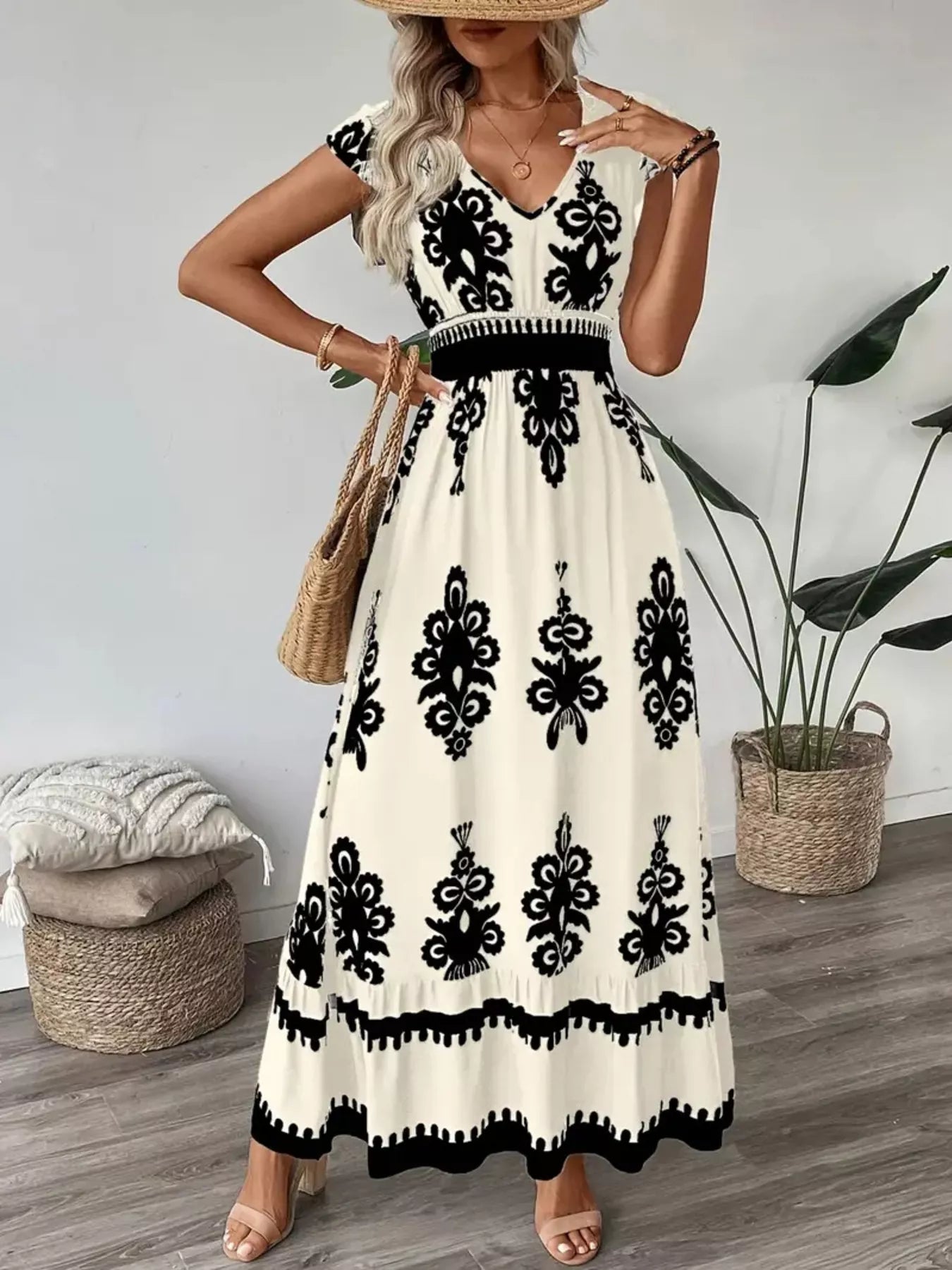 Printed V-Neck Ruffled Cap Sleeve Dress by Belle Bijouix, ivory with black ornate pattern, smocked waist, maxi