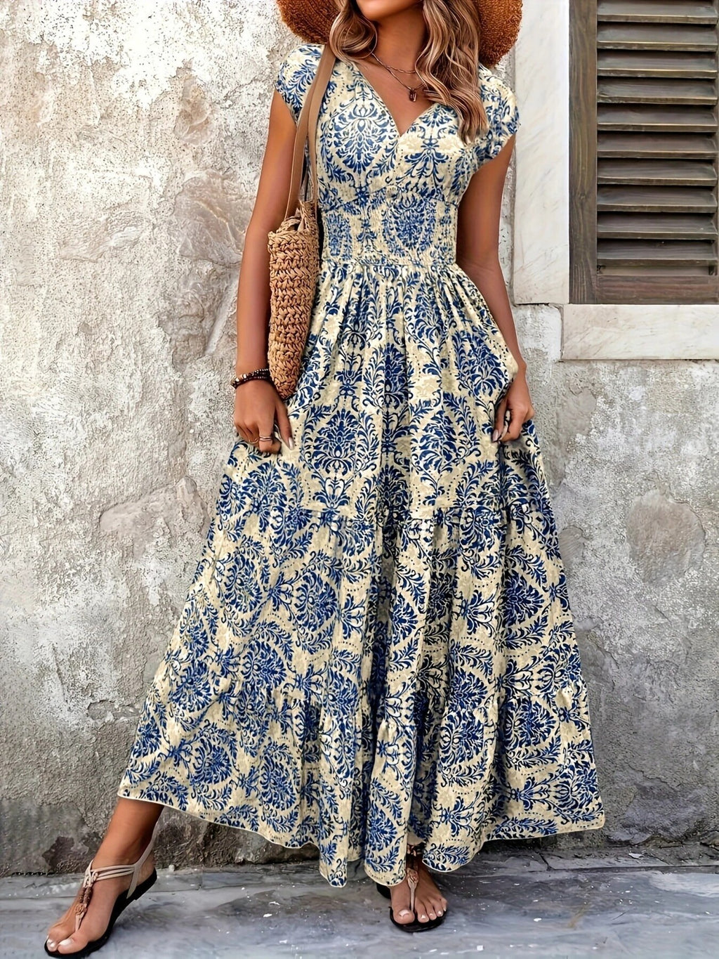Printed cap-sleeve maxi dress in beige with blue floral print; tiered, smocked bodice.