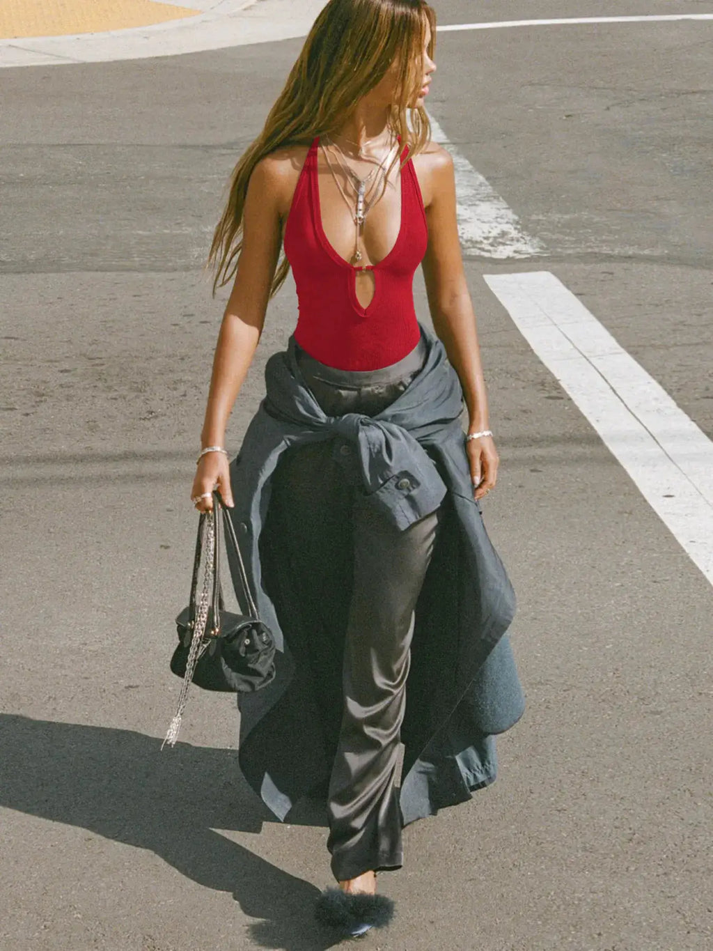 Cutout Ribbed Tank Top by Belle Bijouix in red with front keyhole cutout.