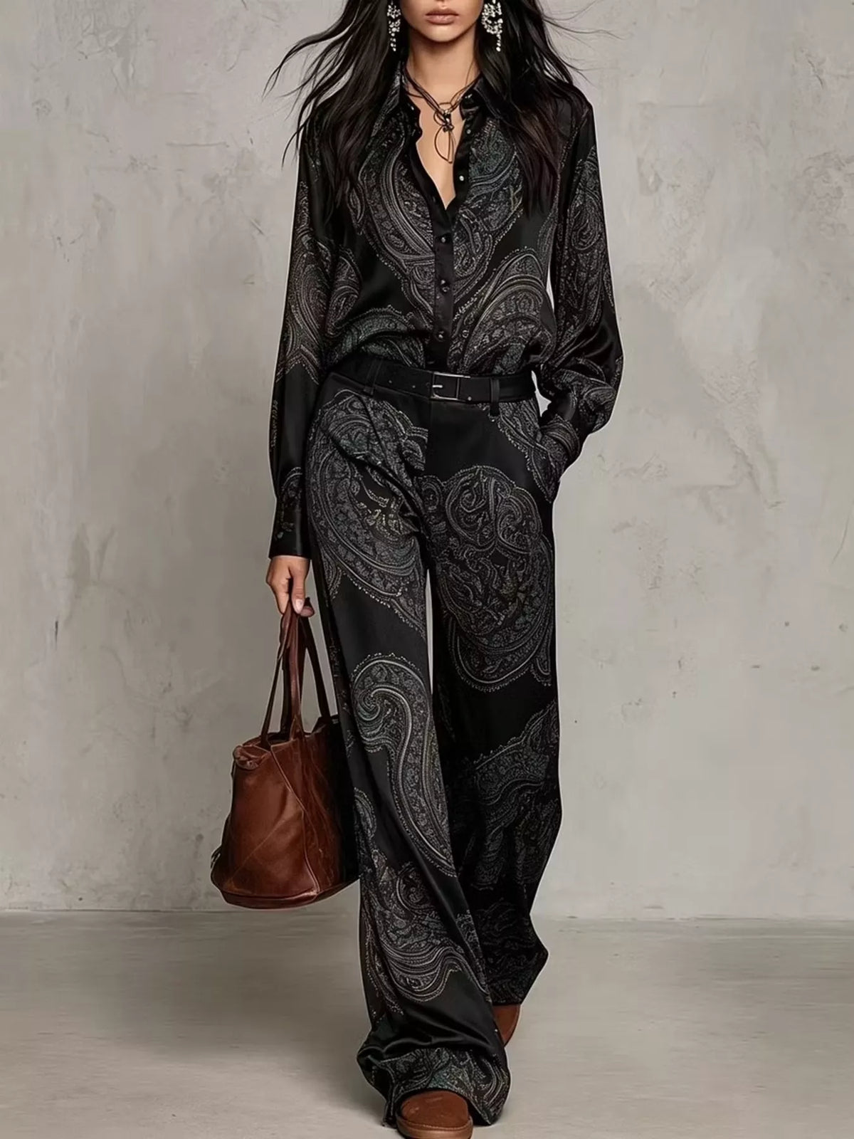 Front view of black paisley shirt and wide-leg pants set