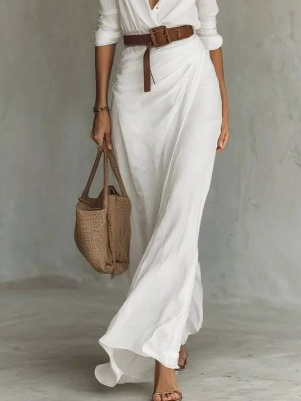 Full Size Ruched White Maxi Dress by Belle Bijouix, belted plus-size gown with ruching