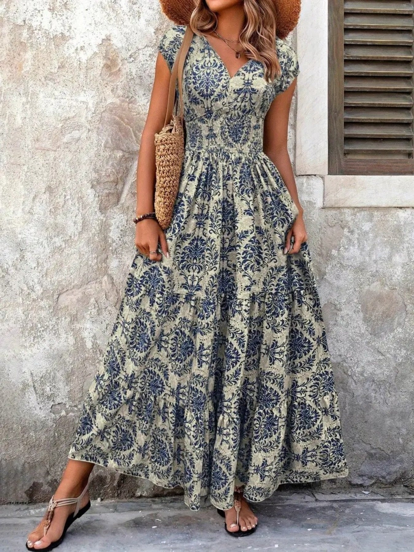 Printed Cap Sleeve Maxi Dress by Bellebijouix in beige with blue ornate print, tiered smocked bodice.