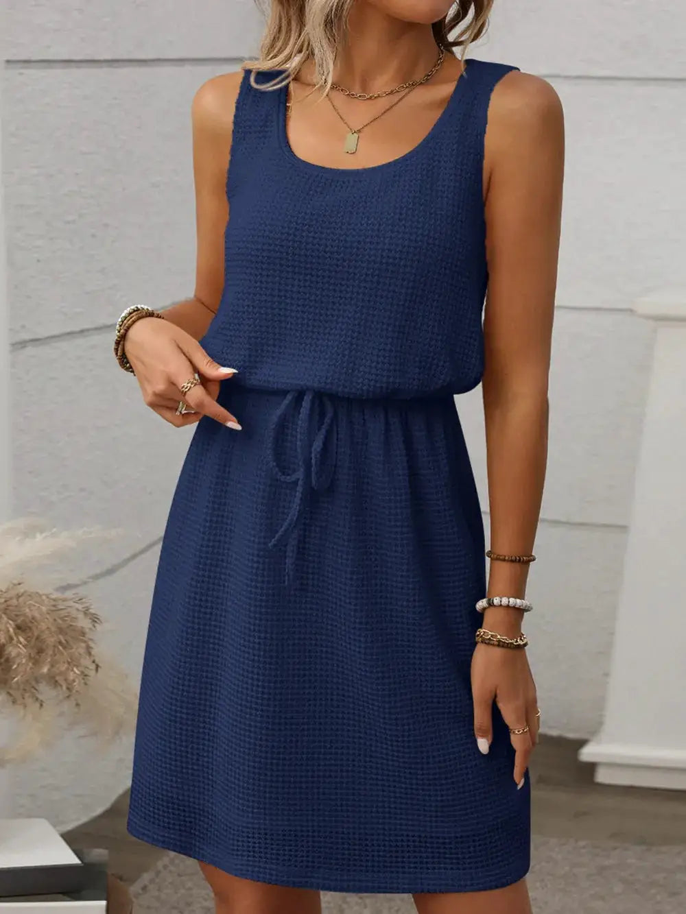 Waffle-Knit Drawstring Mini Tank Dress, navy blue sleeveless dress with waist tie
