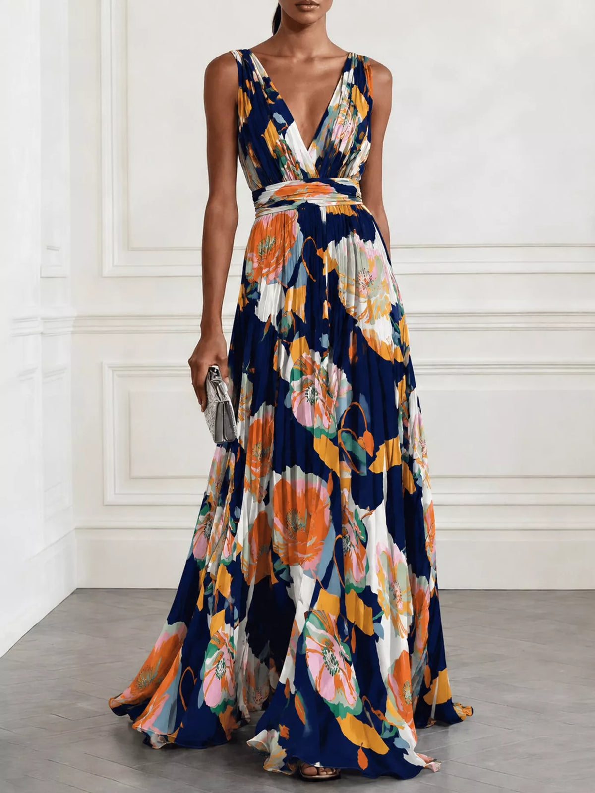 Sleeveless V-Neck Floral Maxi Dress in Navy by Belle Bijouix – view 23 of 37