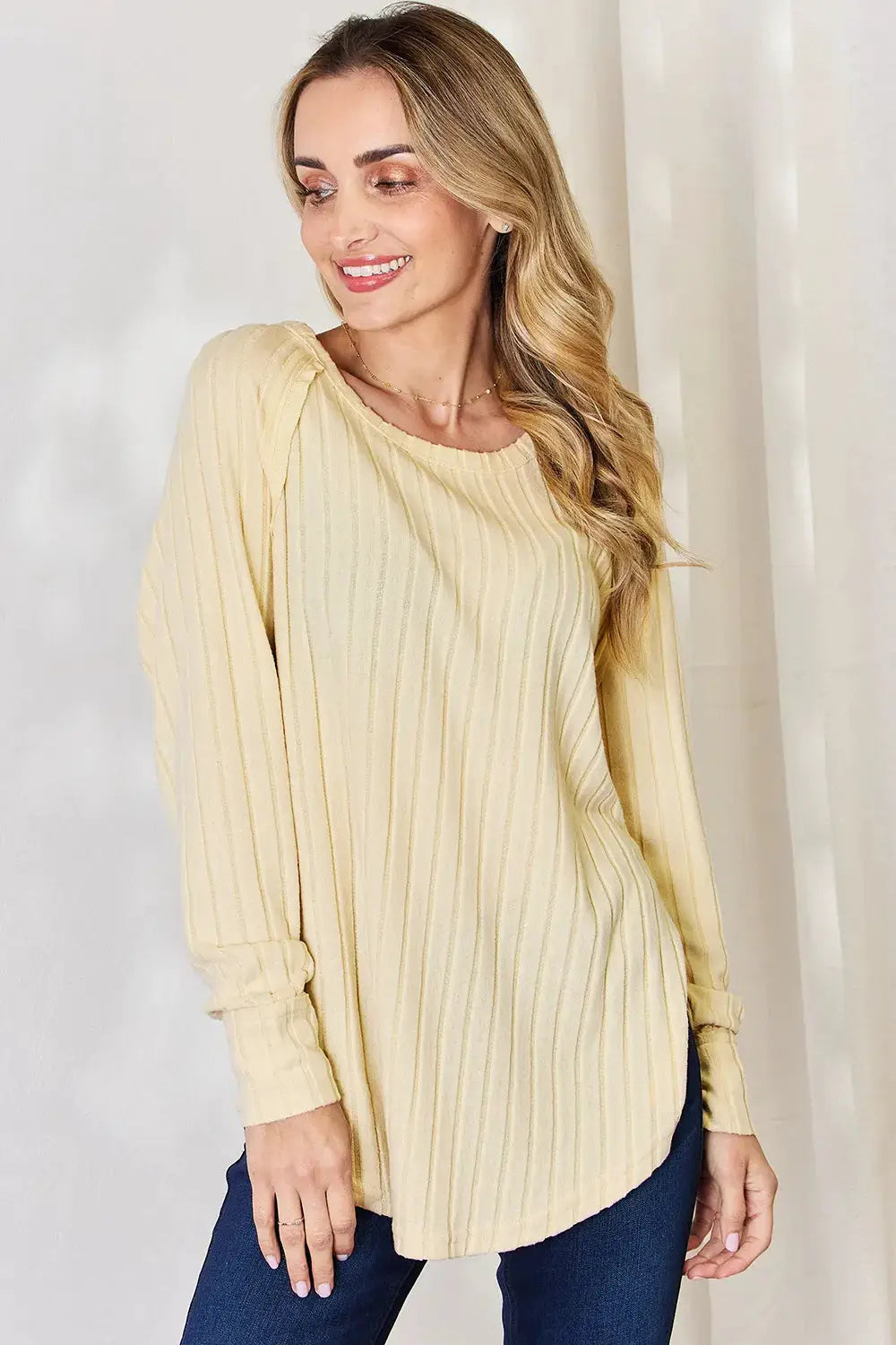 Basic Bae Full Size Ribbed Round-Neck Slit T-Shirt in cream, long-sleeve ribbed top
