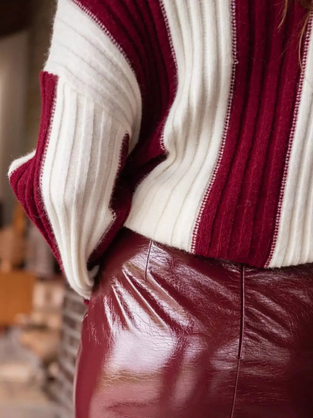 Color block ribbed sweater and burgundy glossy skirt; burgundy and ivory knit, 2-piece outfit