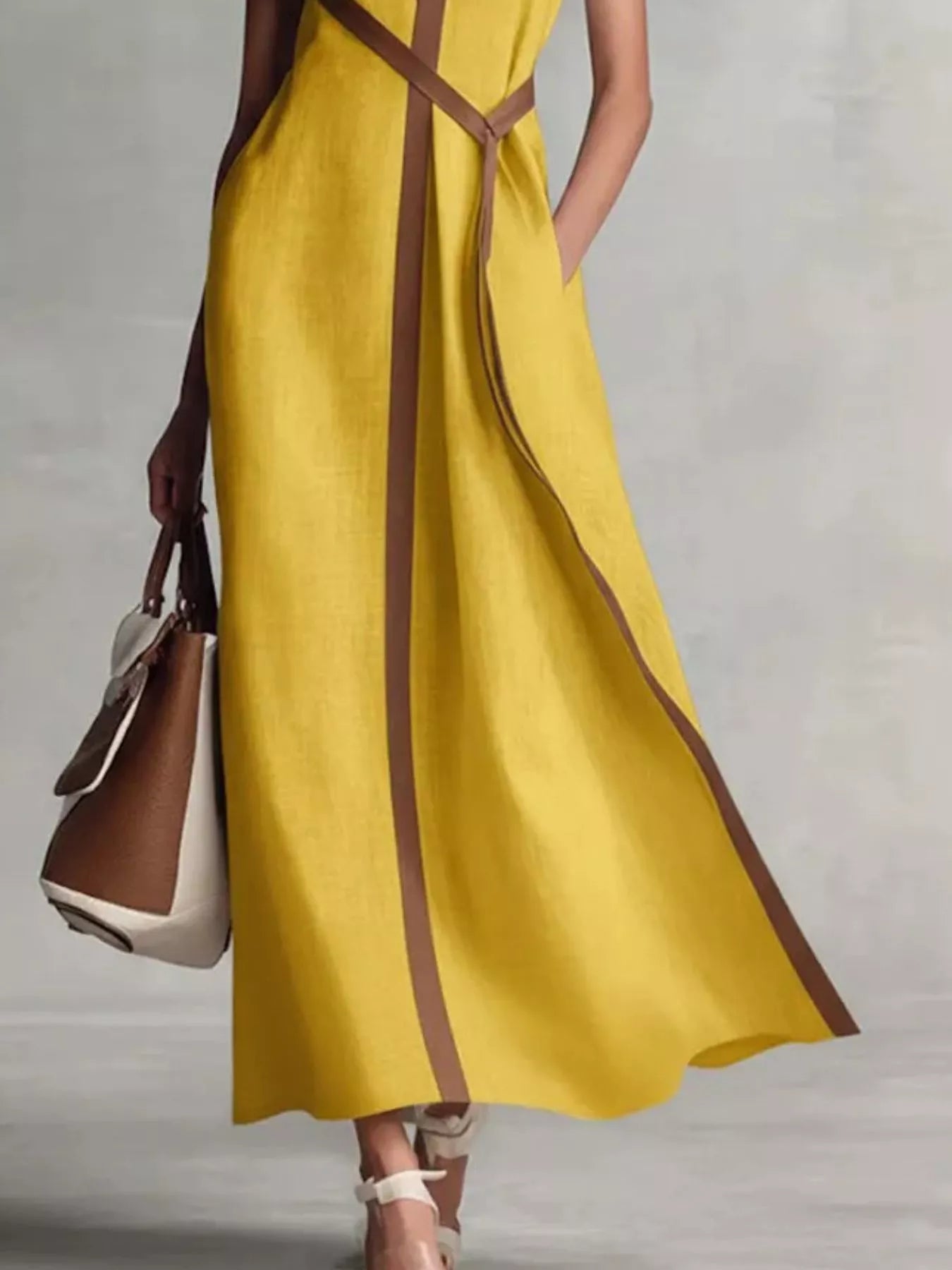 Full Size Contrast Trim Sleeveless Maxi Dress in yellow with brown piping and waist tie