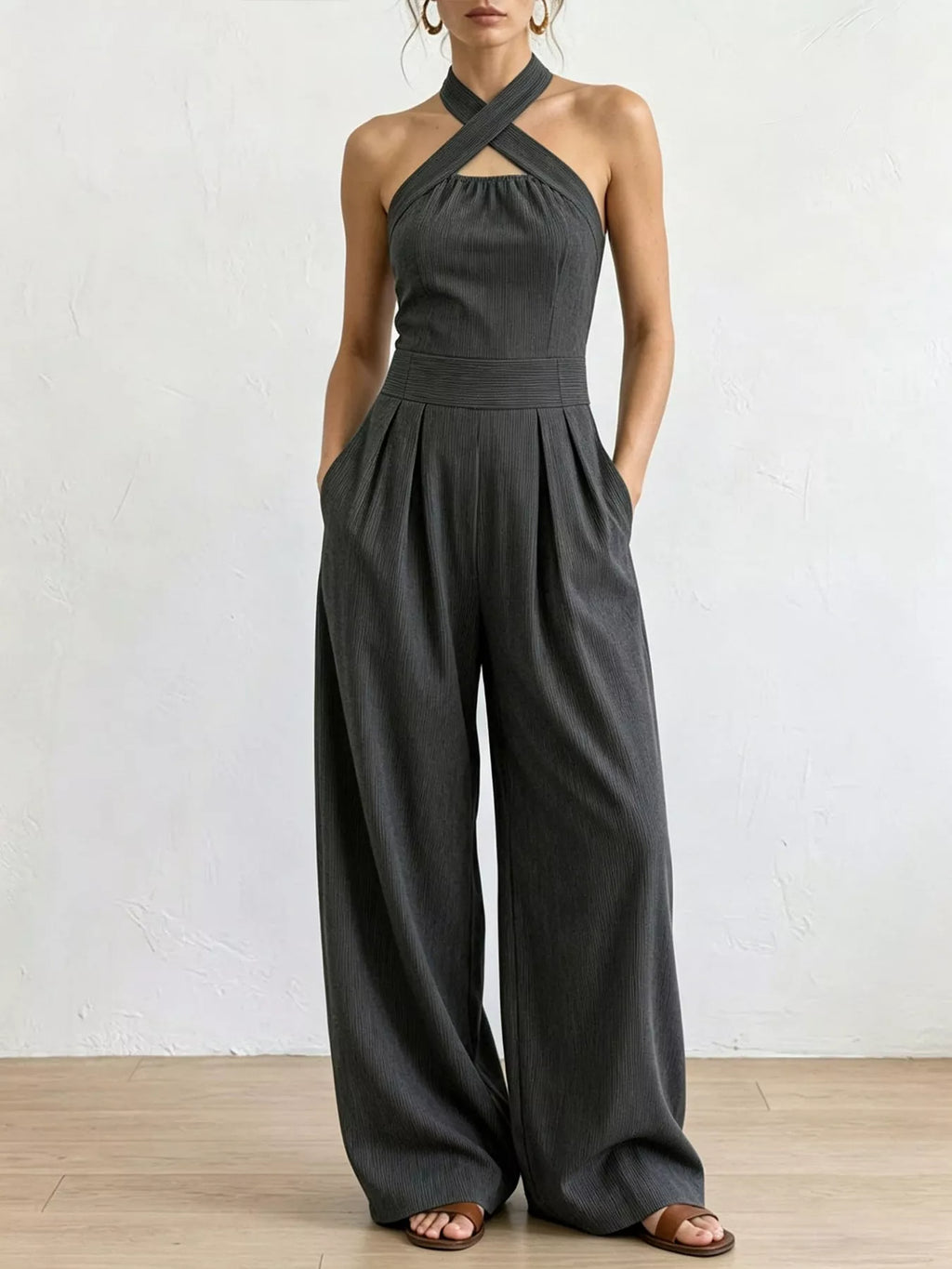 Crisscross Halter Linen Wide-Leg Jumpsuit by Belle Bijouix – view 11 of 45