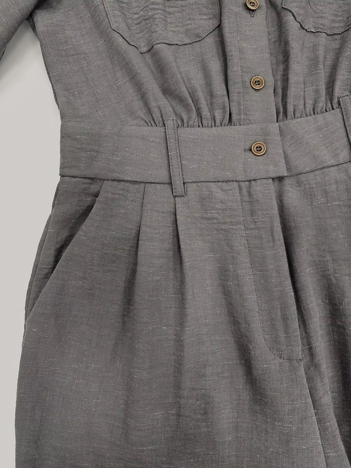 Button-Front Belted Long-Sleeve Jumpsuit