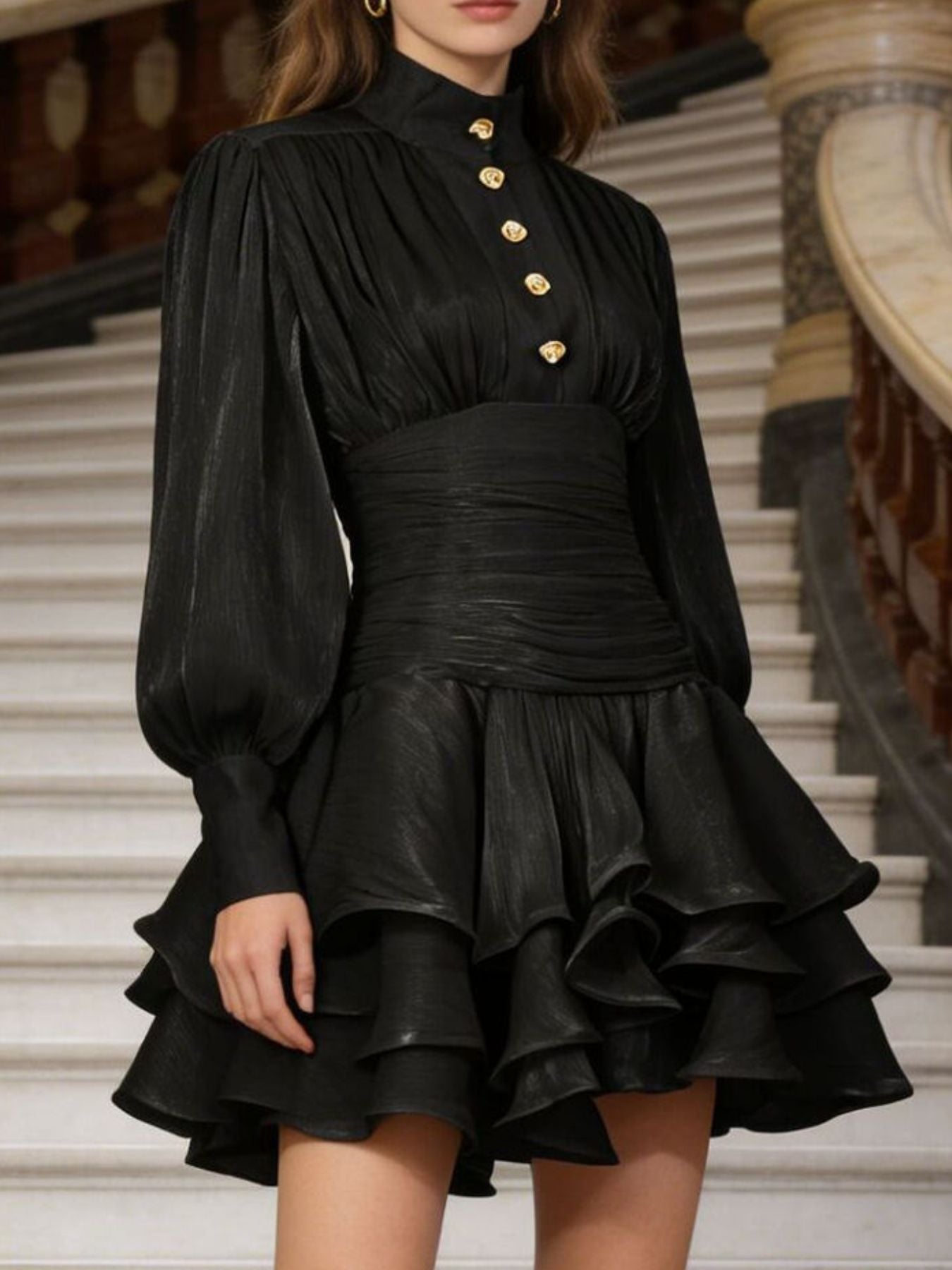 Ruffled Layered Lantern Sleeve Mini Dress by Belle Bijouix in black with gold button placket.