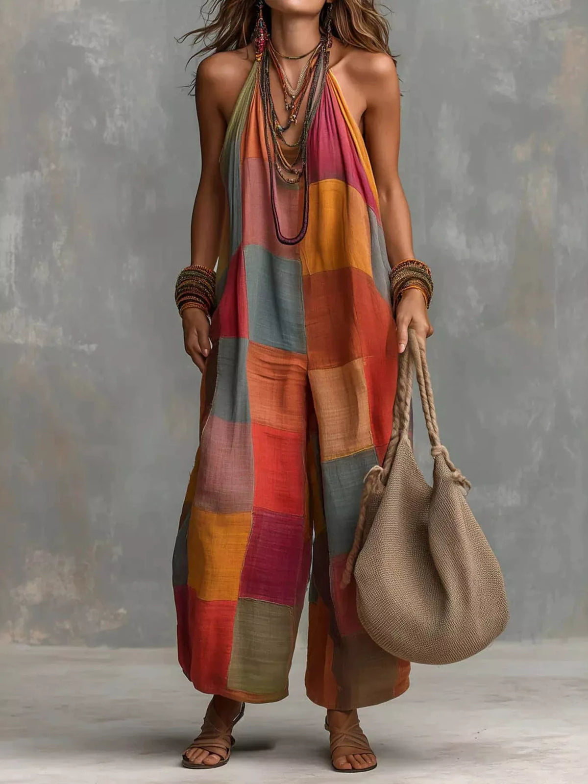 Plaid Halter Neck Wide-Leg Jumpsuit