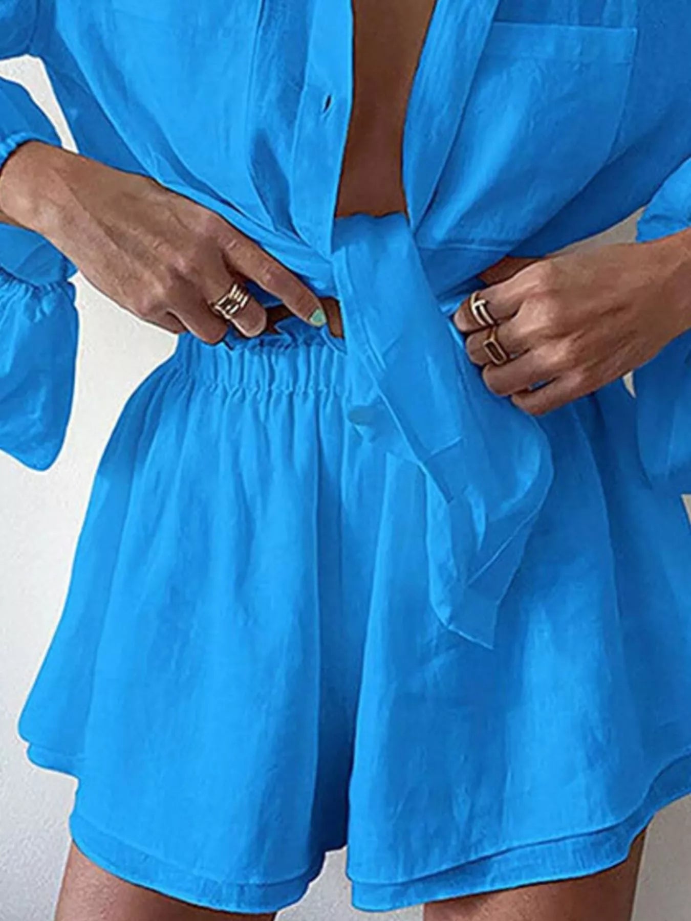 Button Up Long Sleeve Shirt and Shorts Set, blue two-piece outfit with waist-tied top and elastic shorts