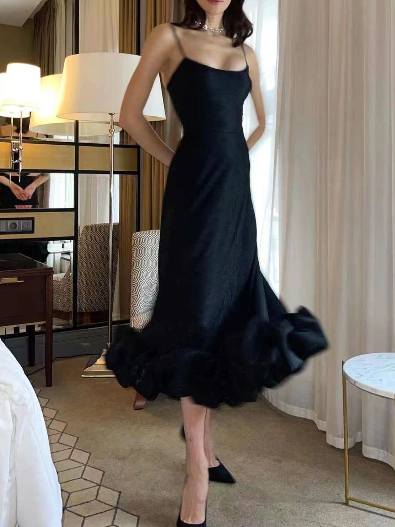 Ruffle Hem Scoop Neck Midi Dress with spaghetti straps in black by Trendsi