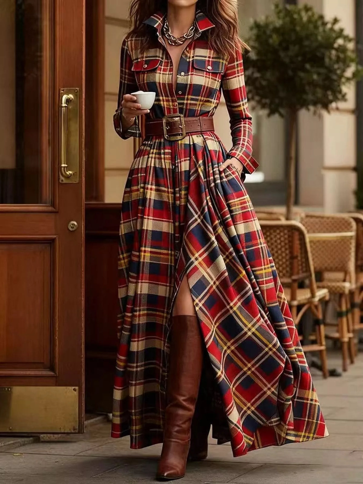Belted Plaid Button-Down Maxi Shirt Dress in Red Plaid by Belle Bijouix – view 23 of 27