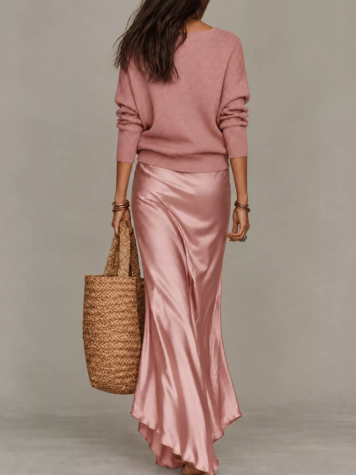 V-Neck Sweater & Satin Slip Maxi Dress Set in Pink by Belle Bijouix – view 39 of 41