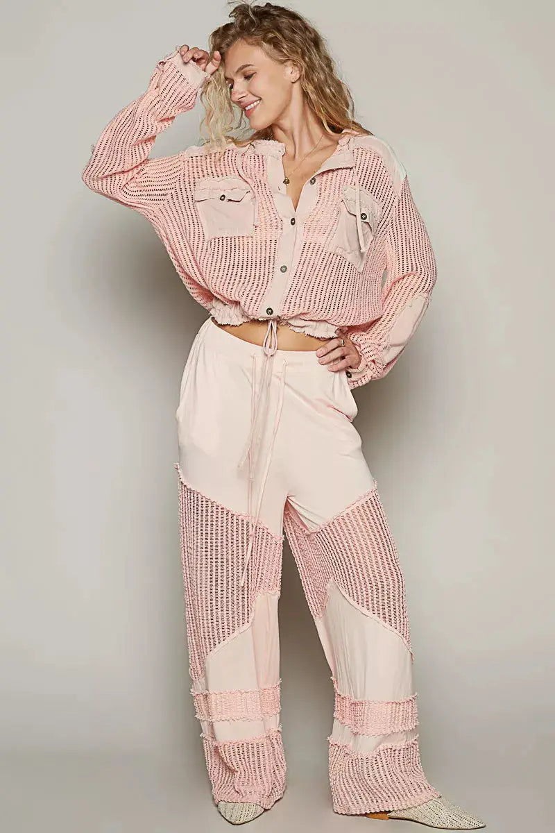 POL Texture Woven Button-Down Hooded Shirt with Drawstring Hem in pink, oversized top with front pockets