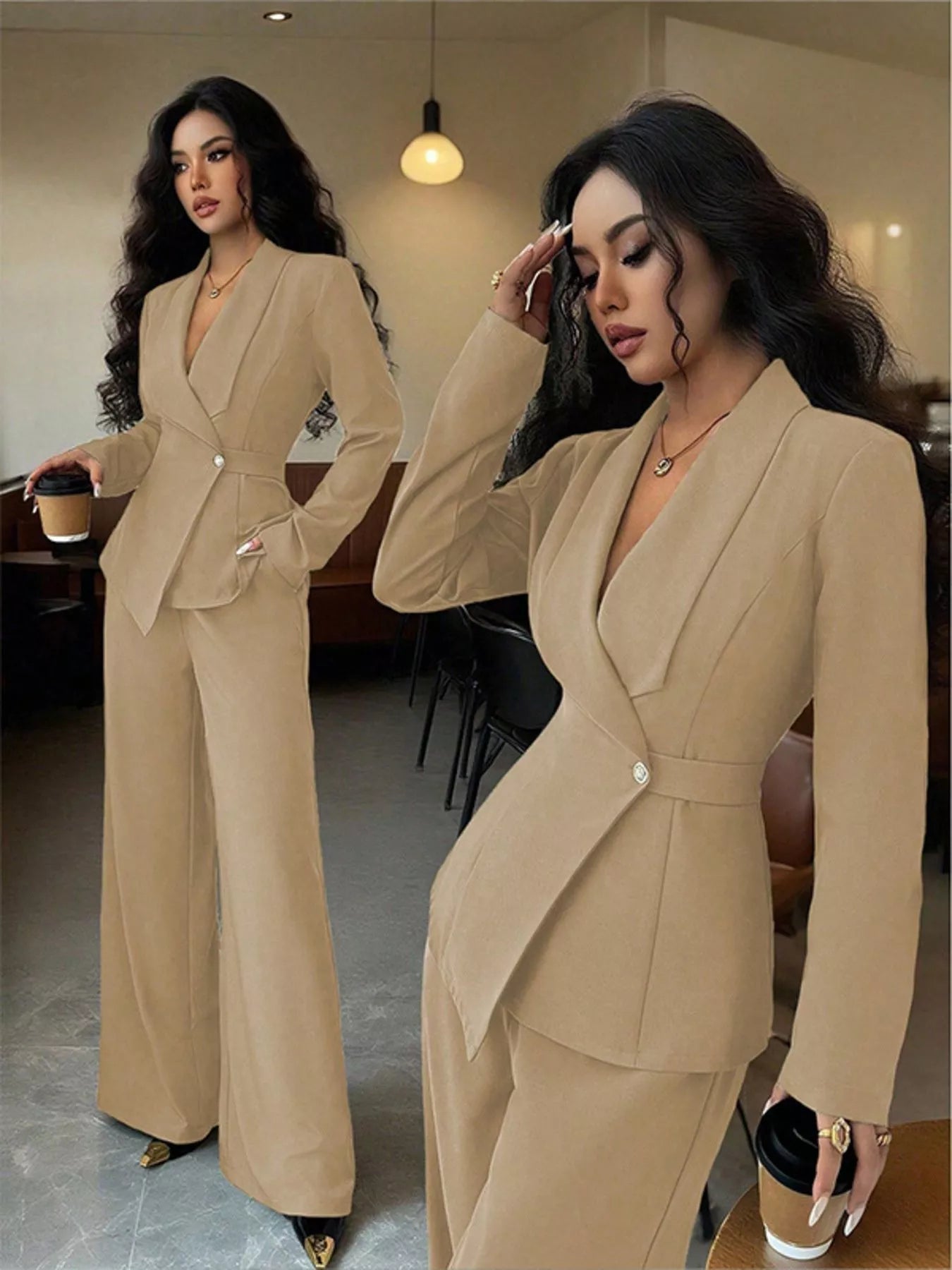 One-button tan blazer and pants set by Belle Bijouix with pockets
