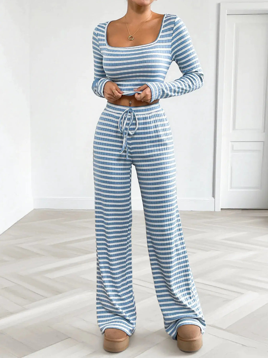 Striped lounge set with square-neck long-sleeve top and pants, Belle Bijouix, blue/white, drawstring.