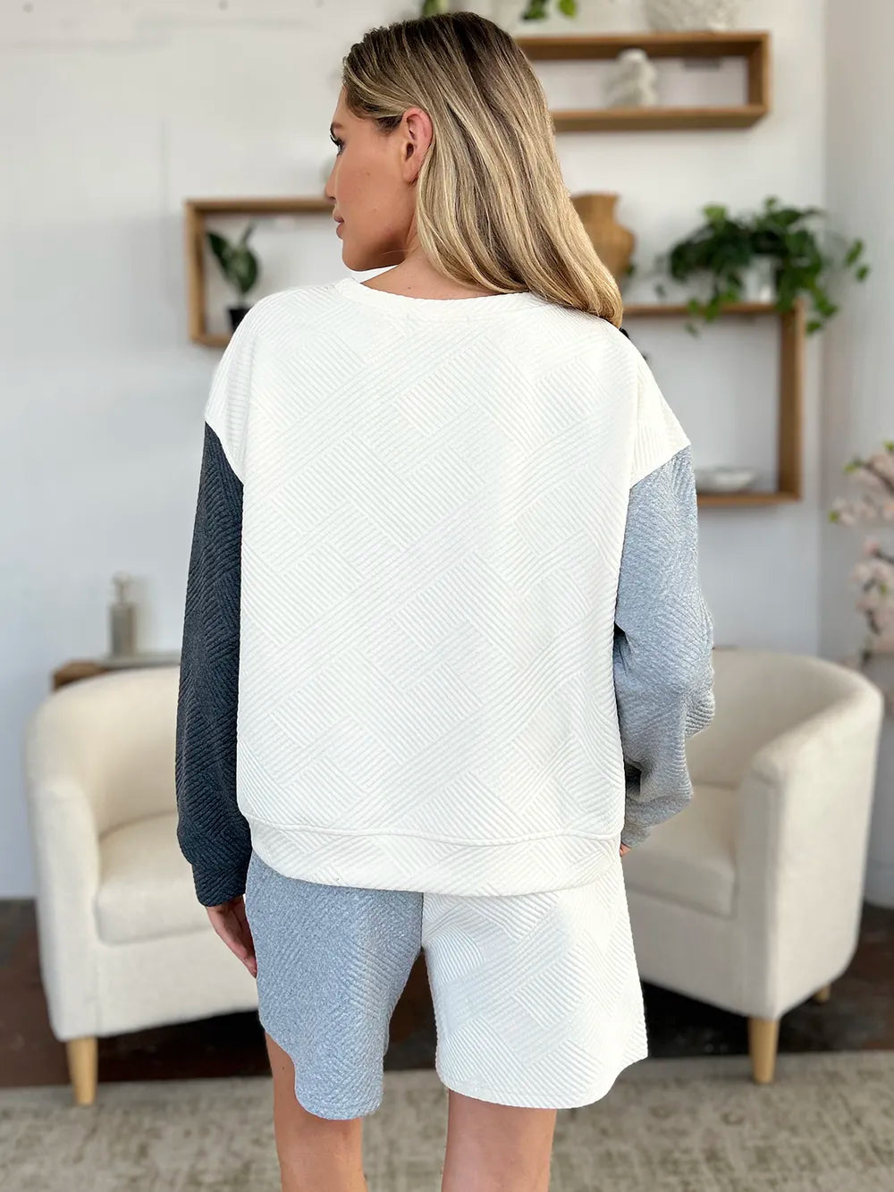 Double Take full-size contrast drop-shoulder top and shorts set, white top with color-block sleeves and light-blue shorts