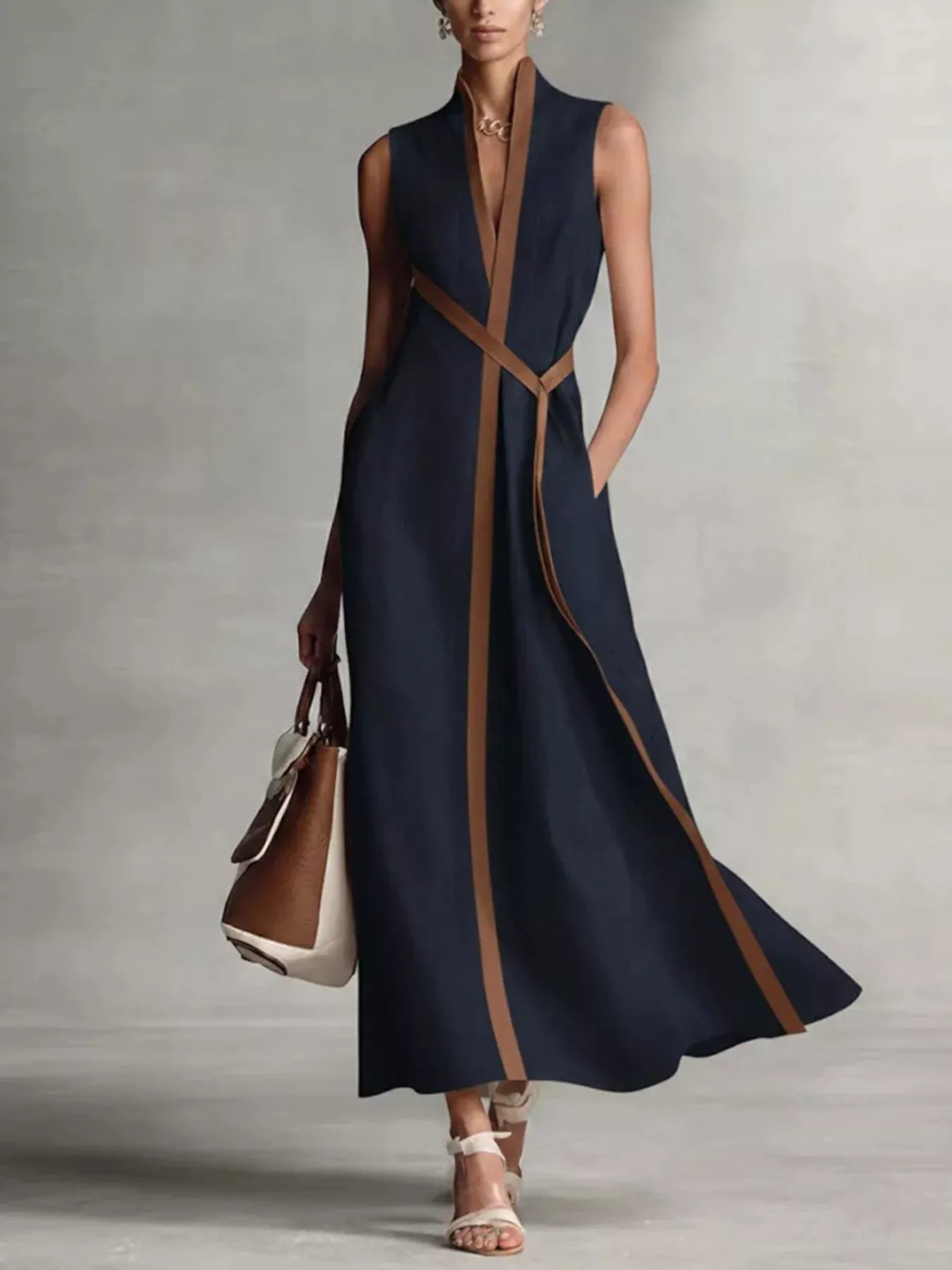 Full Size Contrast Trim Sleeveless Maxi Dress and handbag, navy with brown trim