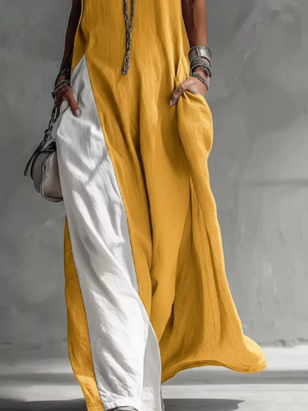Two-Tone Sleeveless Maxi Dress in yellow and white color-block by Trendsi.