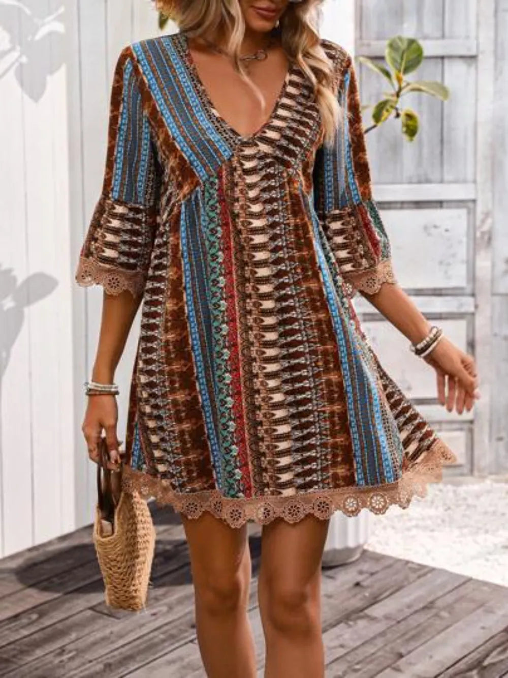 Lace Trim Printed V-Neck 3/4 Sleeve Dress in brown-blue patchwork with scalloped lace hem.