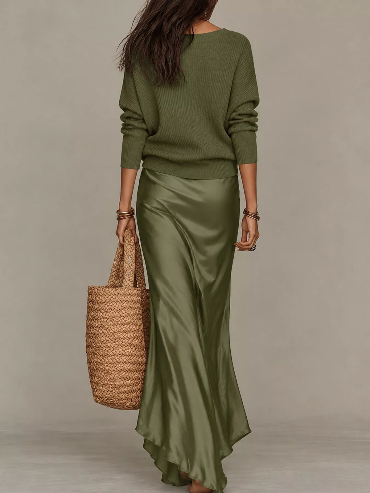 V-Neck Sweater & Satin Slip Maxi Dress Set in Dark Green by Belle Bijouix – view 3 of 41