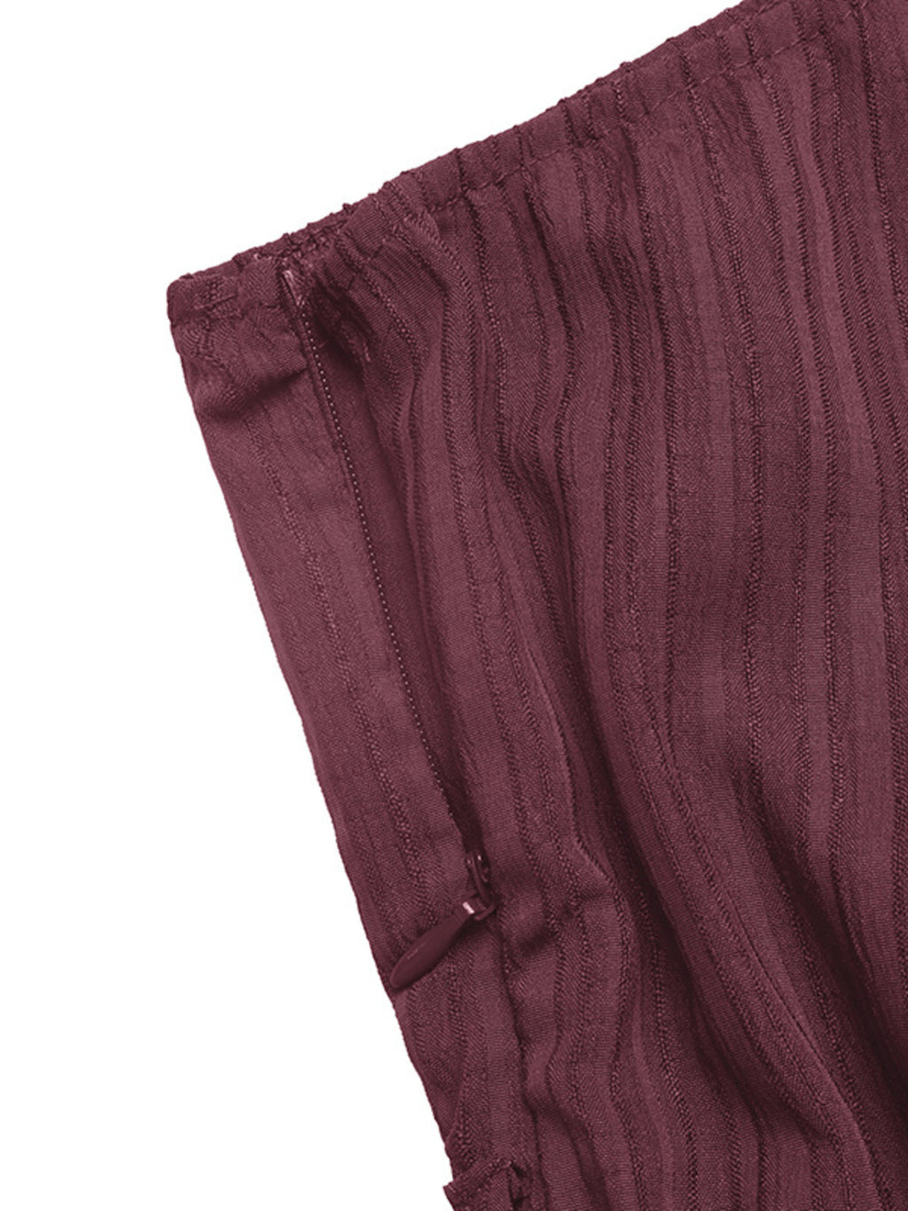 One-Shoulder Tie Waist Romper in burgundy ribbed fabric with elasticized top edge