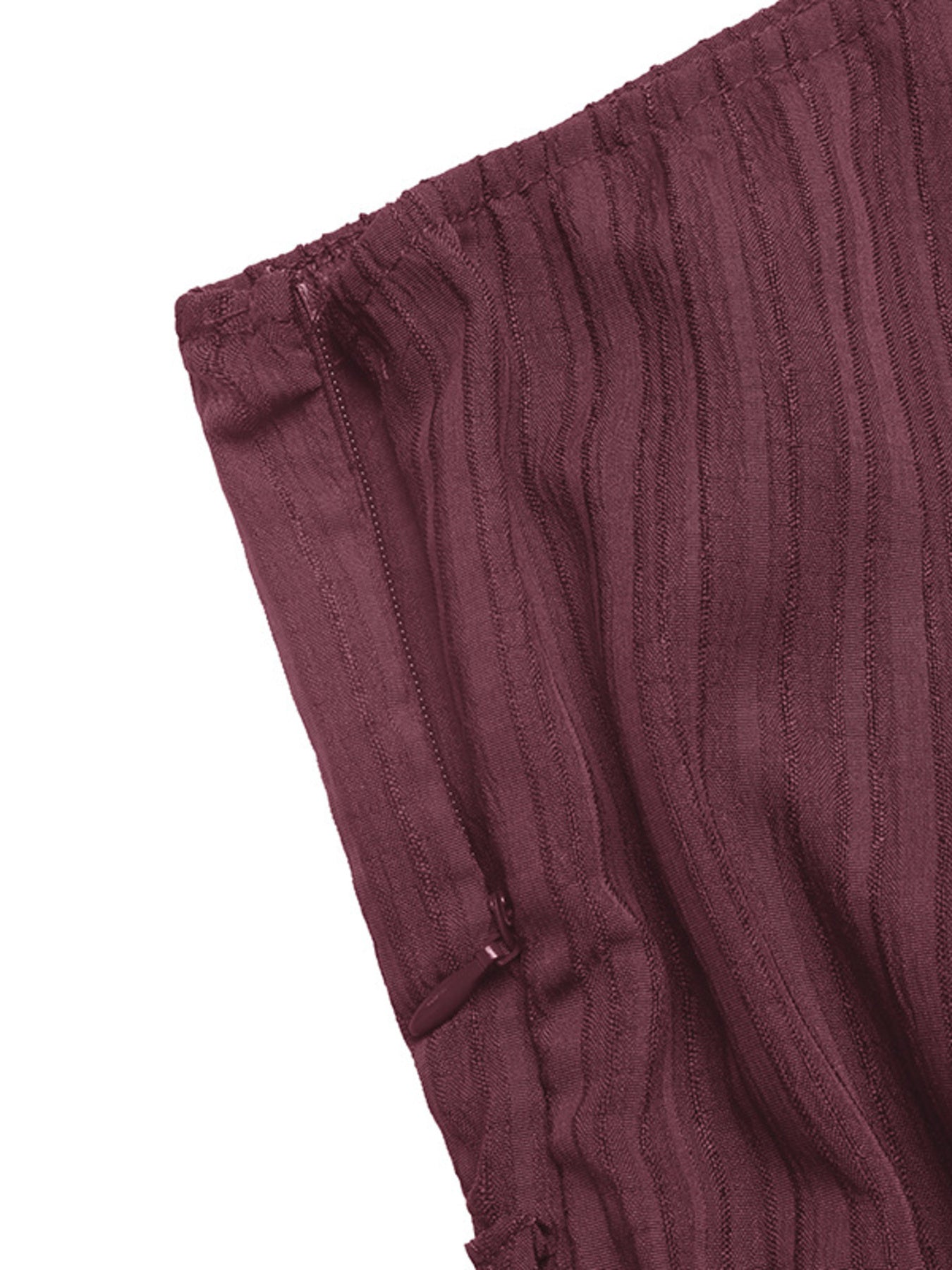One-Shoulder Tie Waist Romper in burgundy ribbed fabric with elasticized top edge
