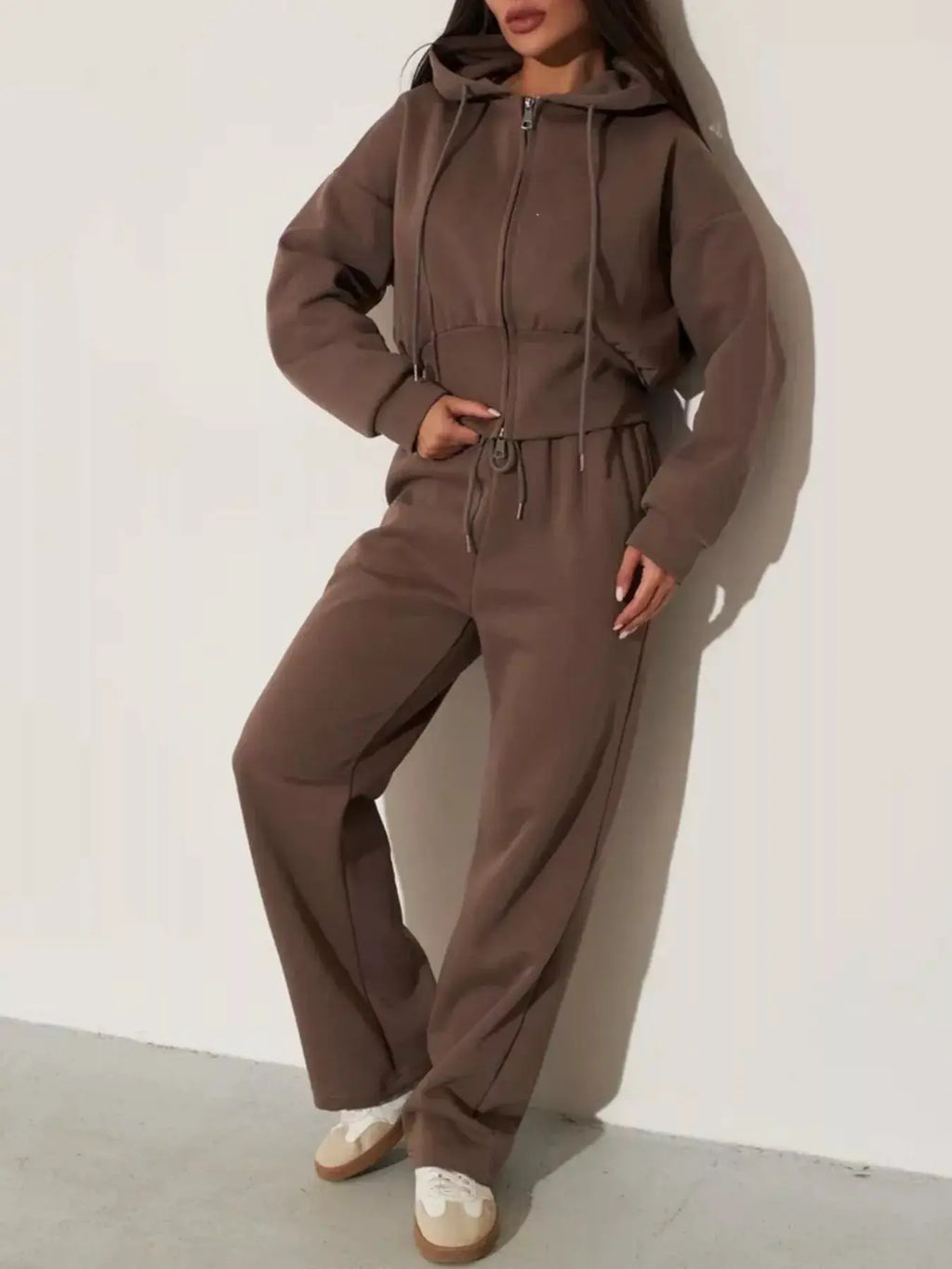 Zip-Up Hoodie & Wide-Leg Pants Lounge Set for women by Belle Bijouix in taupe