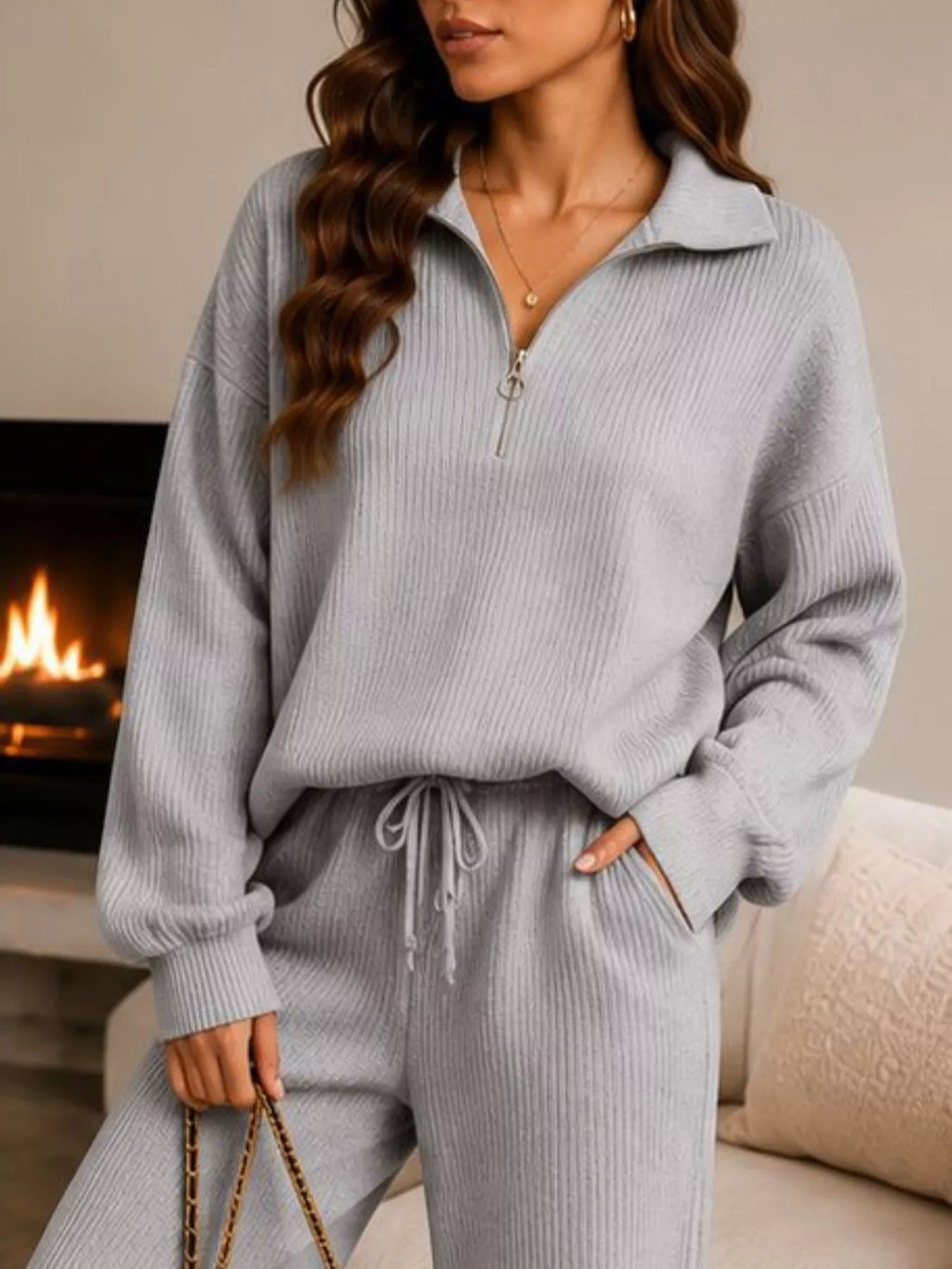 Ribbed Knit Quarter-Zip & Wide-Leg Pants Set by Belle Bijouix – view 12 of 16