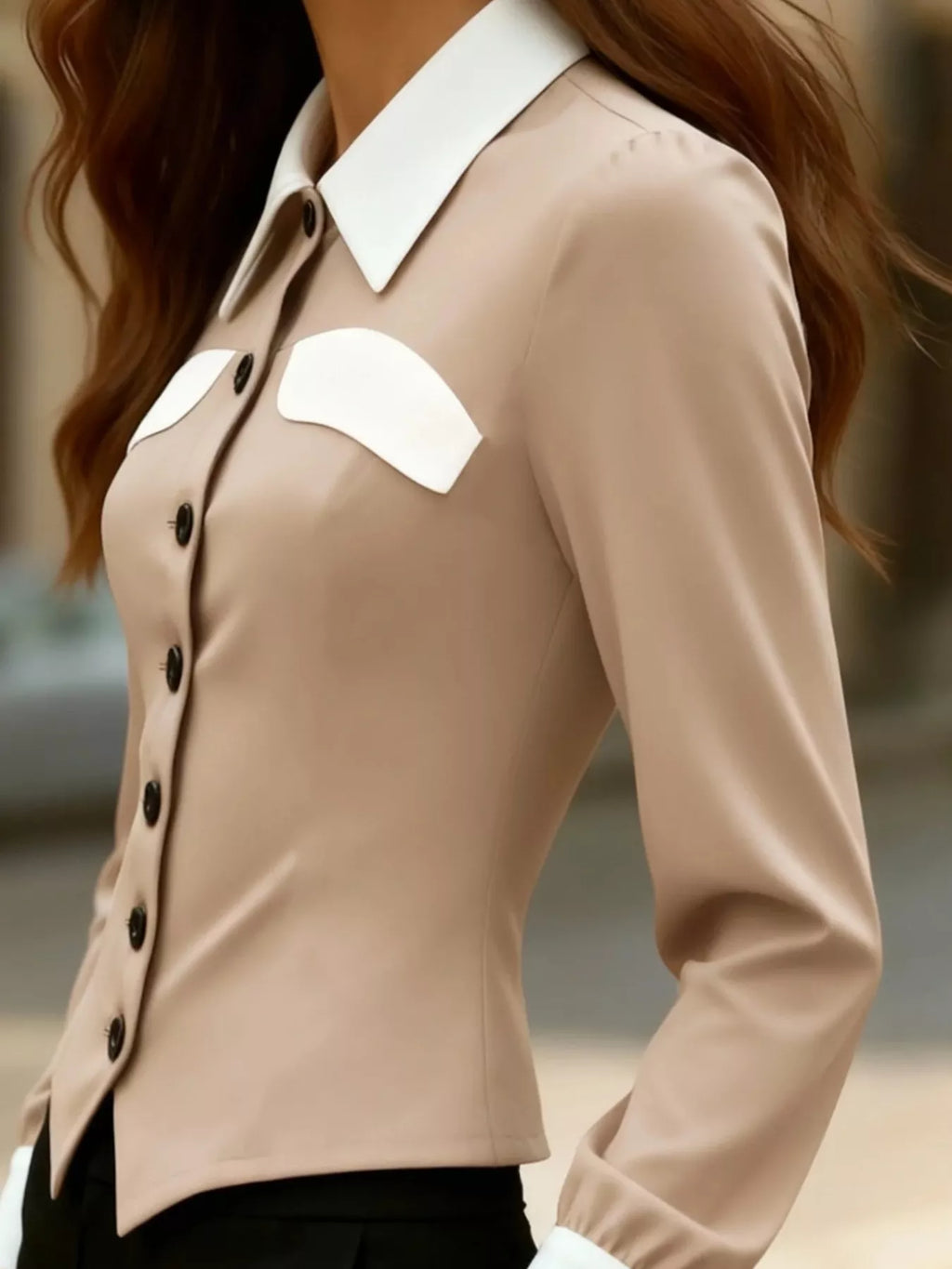 Contrast Button-Down Shirt in beige with white collar and pocket flaps, black buttons.