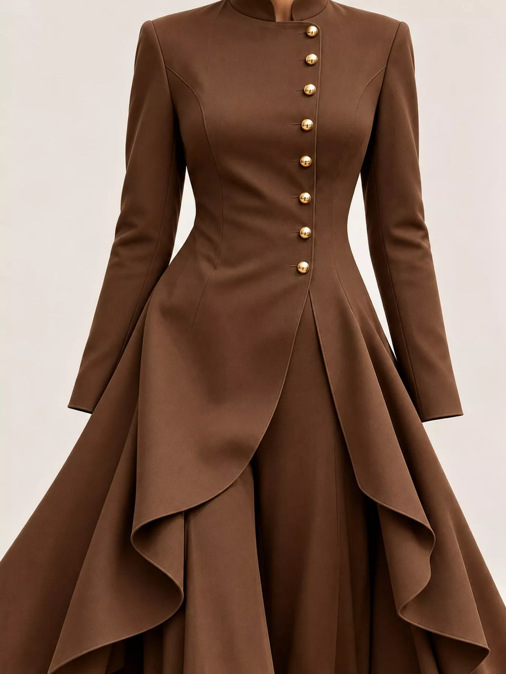 Ruffled High-Low Button Tunic & Wide-Leg Pants Set in Dark Brown by Belle Bijouix – view 52 of 82