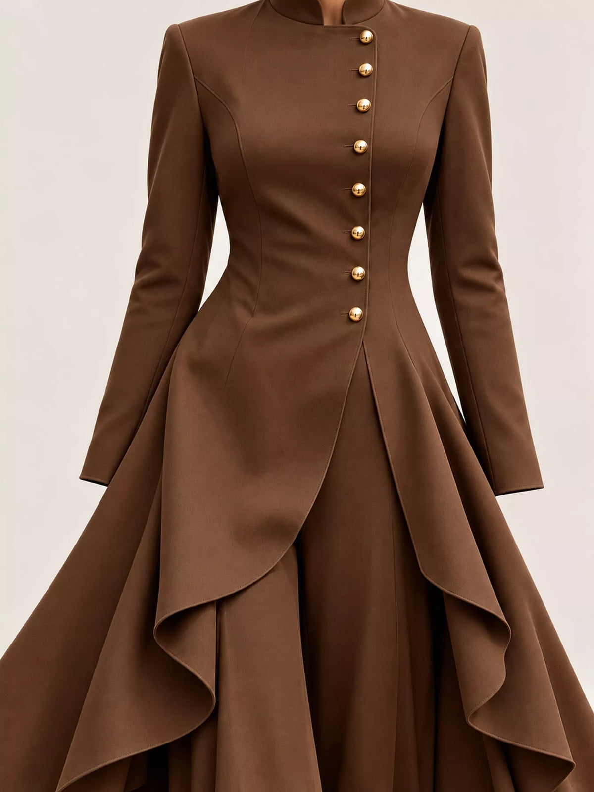 Ruffled High-Low Button Tunic & Wide-Leg Pants Set in Dark Brown by Belle Bijouix – view 52 of 82