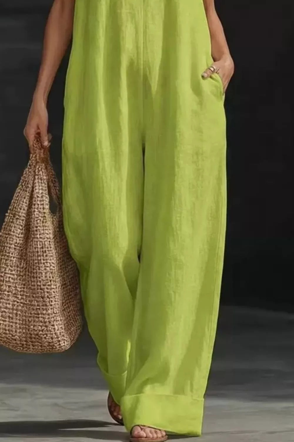 Sleeveless wide-leg jumpsuit in lime green with pockets
